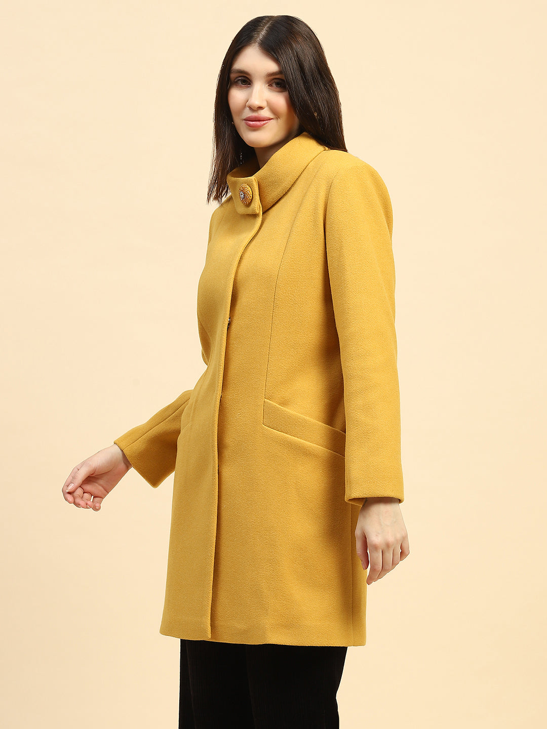 Mustard Solid  Long Coat - Global Republic