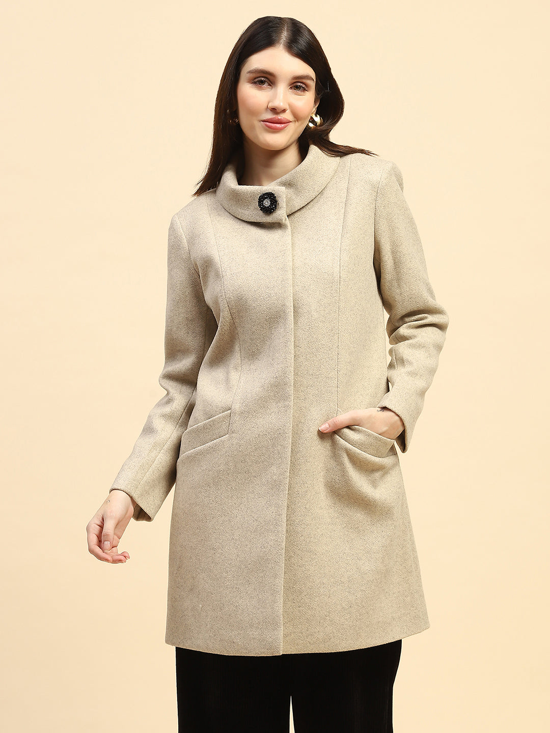 Beige Solid Long Coat - Global Republic