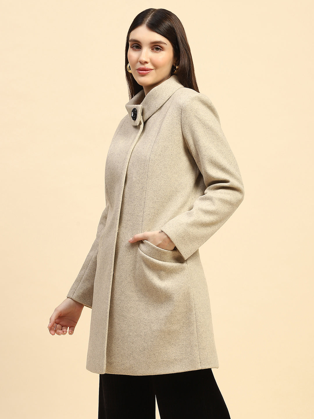Beige Solid  Long Coat - Global Republic