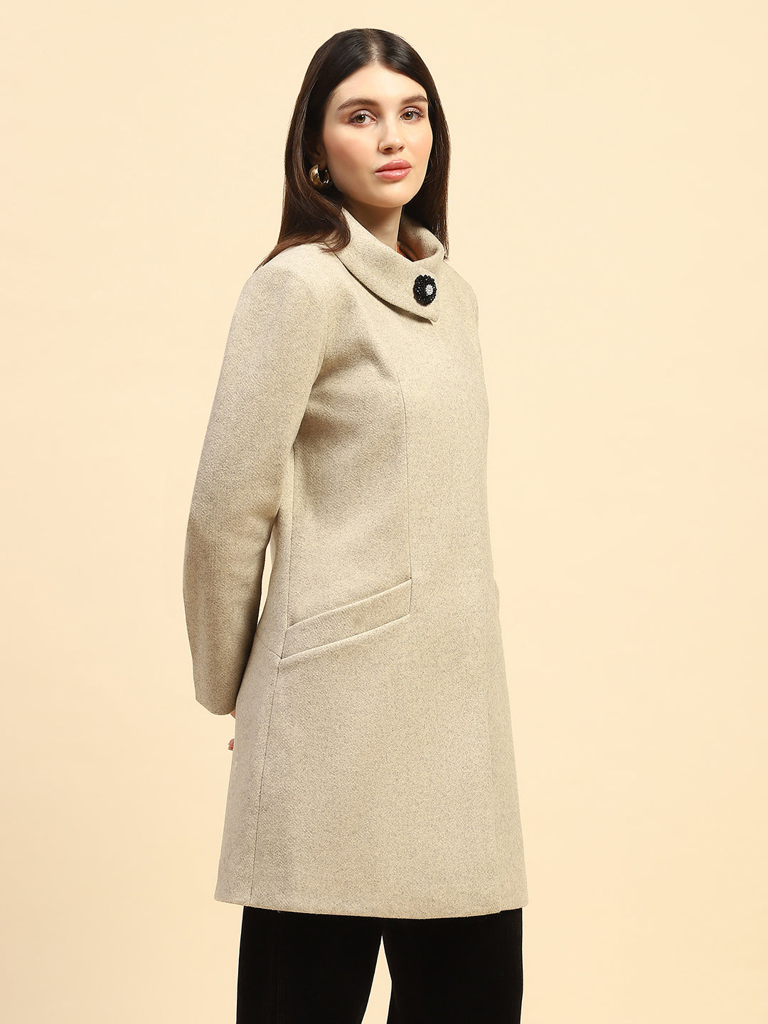 Beige Solid Long Coat - Global Republic