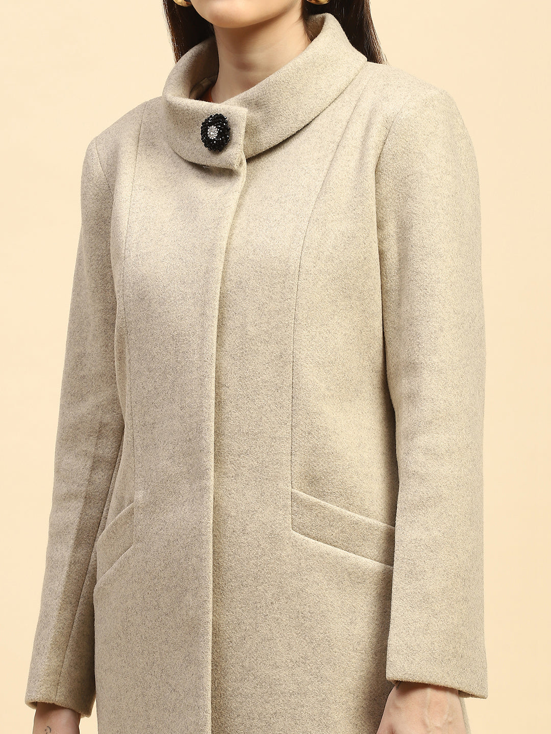 Beige Solid Long Coat - Global Republic
