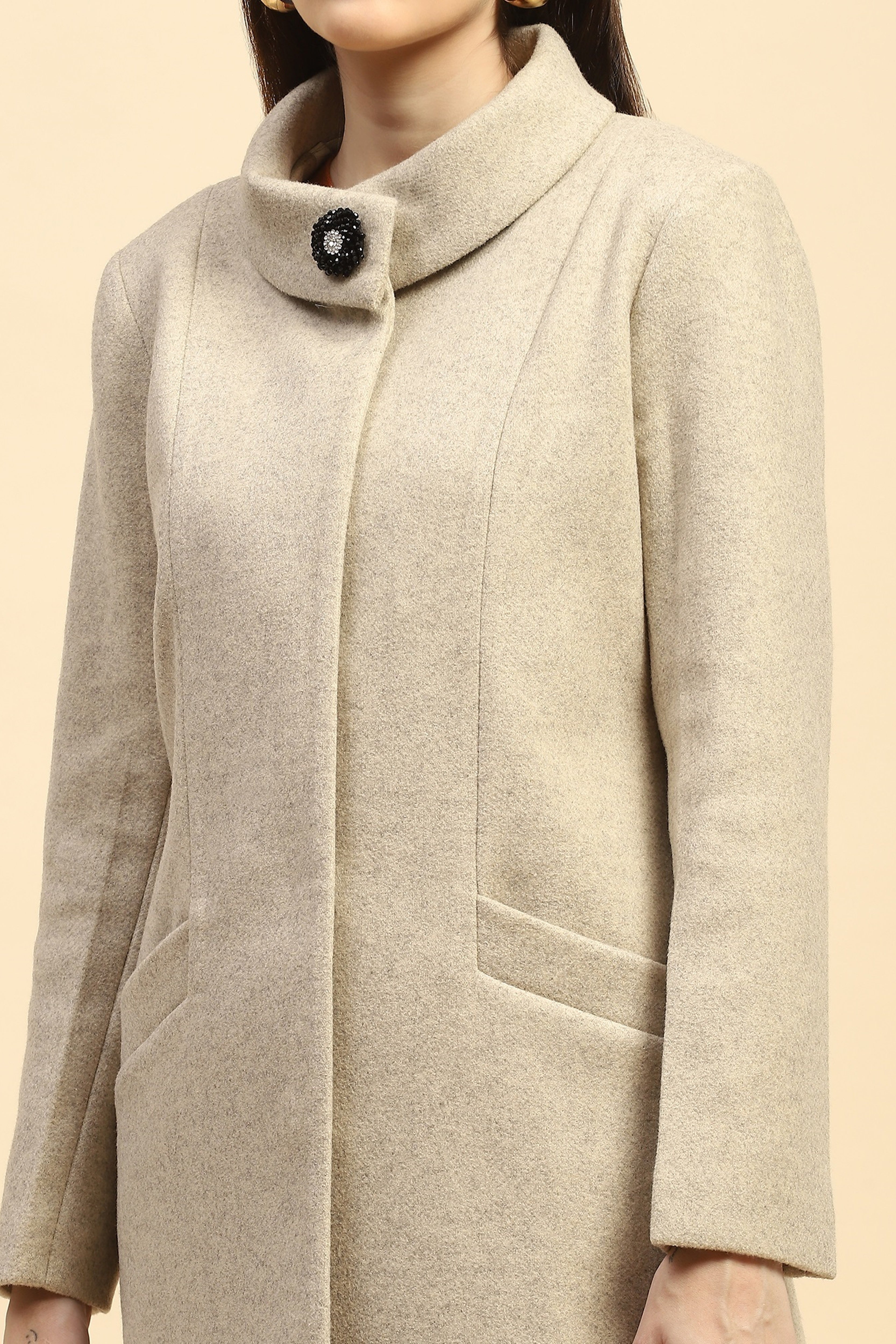 Beige Solid Long Coat