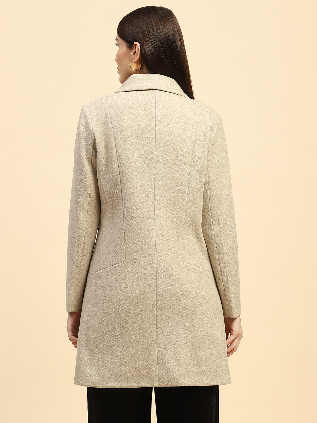 Beige Solid Long Coat - Global Republic