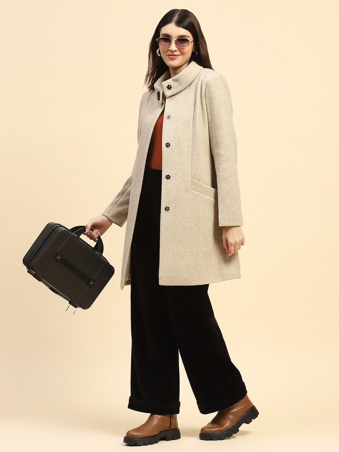 Beige Solid Long Coat - Global Republic