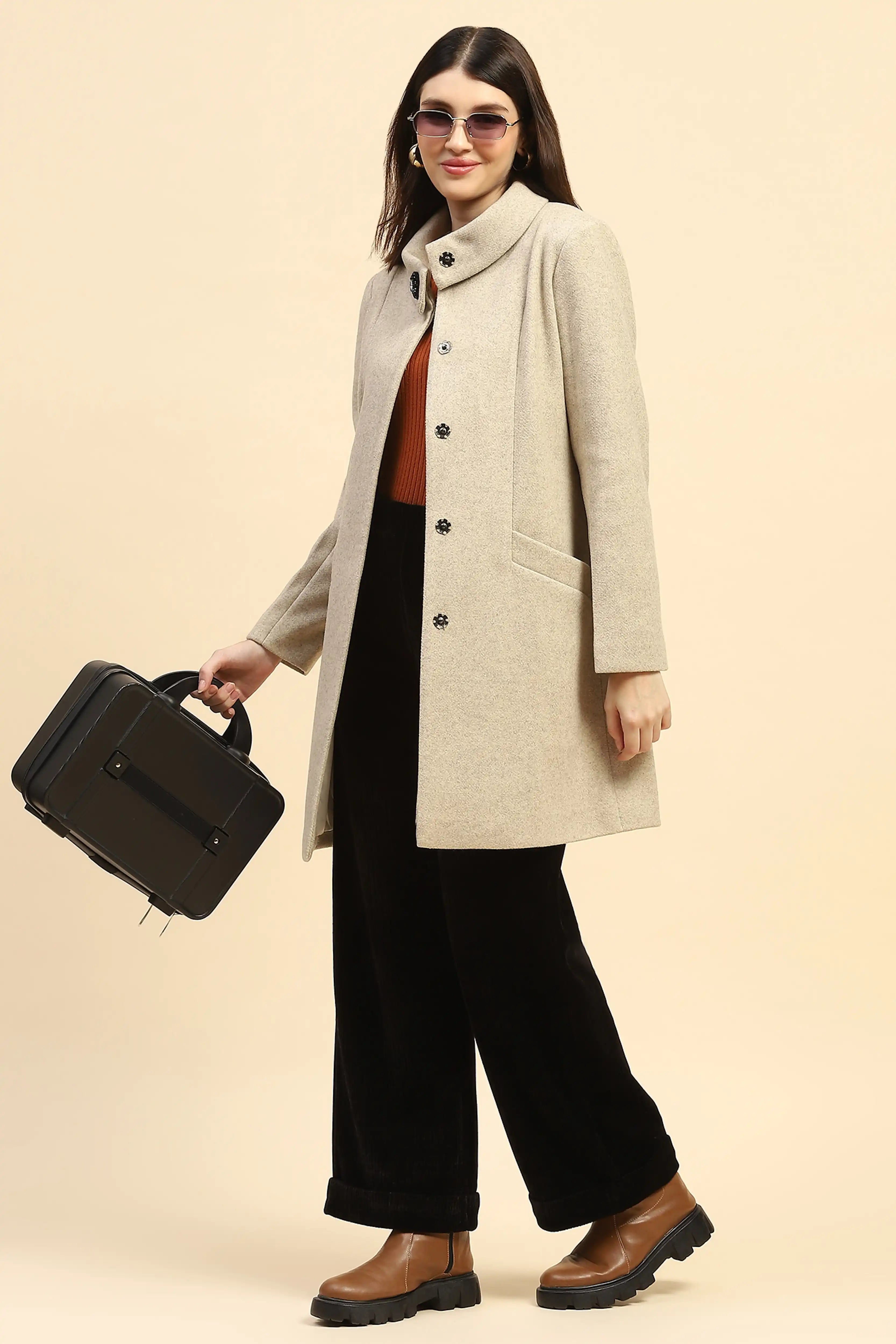 Beige Solid Long Coat