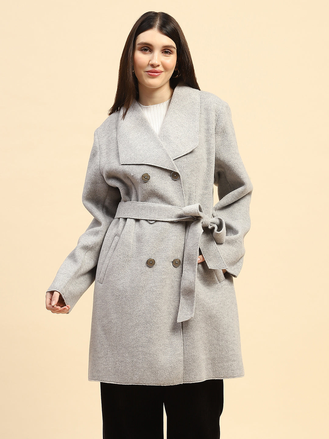 Grey Solid Viscose Long Coat - Global Republic
