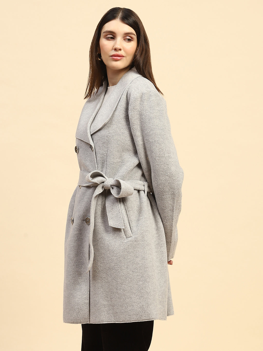 Grey Solid Viscose Long Coat - Global Republic