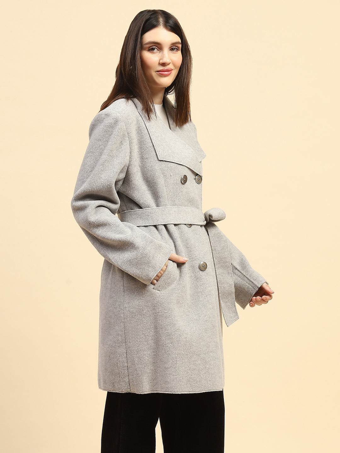 Grey Solid Viscose Long Coat - Global Republic