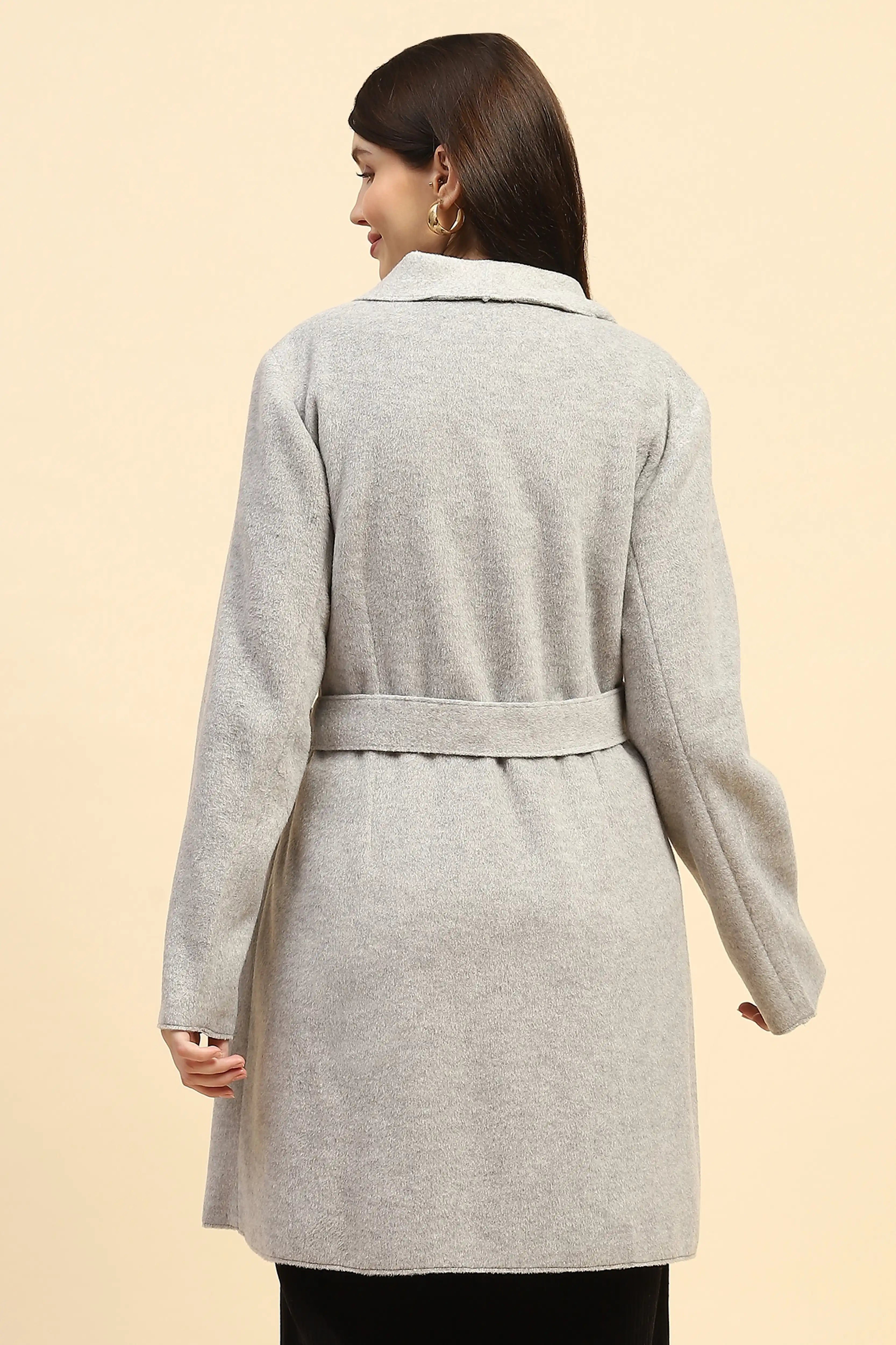 Grey Solid Viscose Long Coat