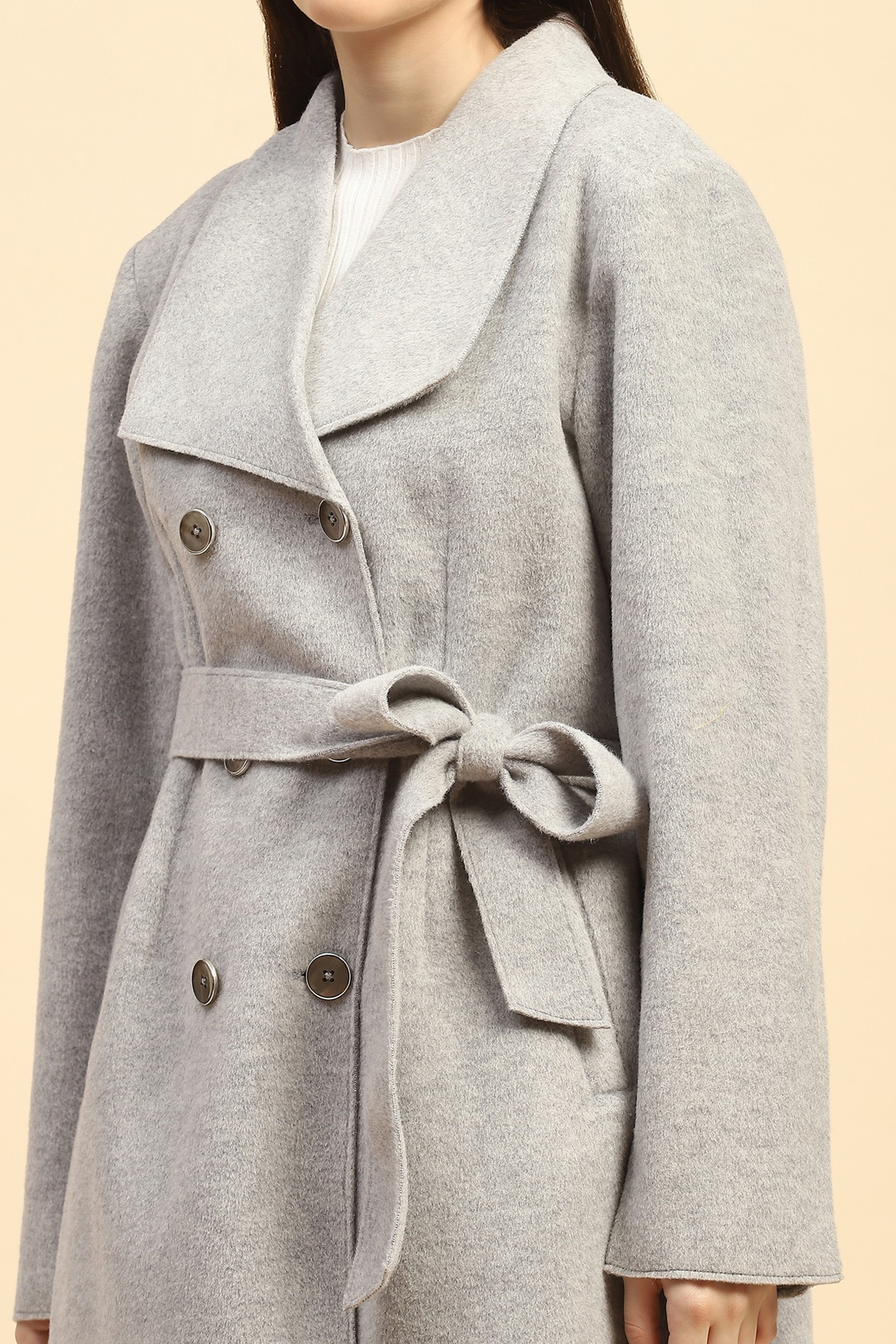 Grey Solid Viscose Long Coat