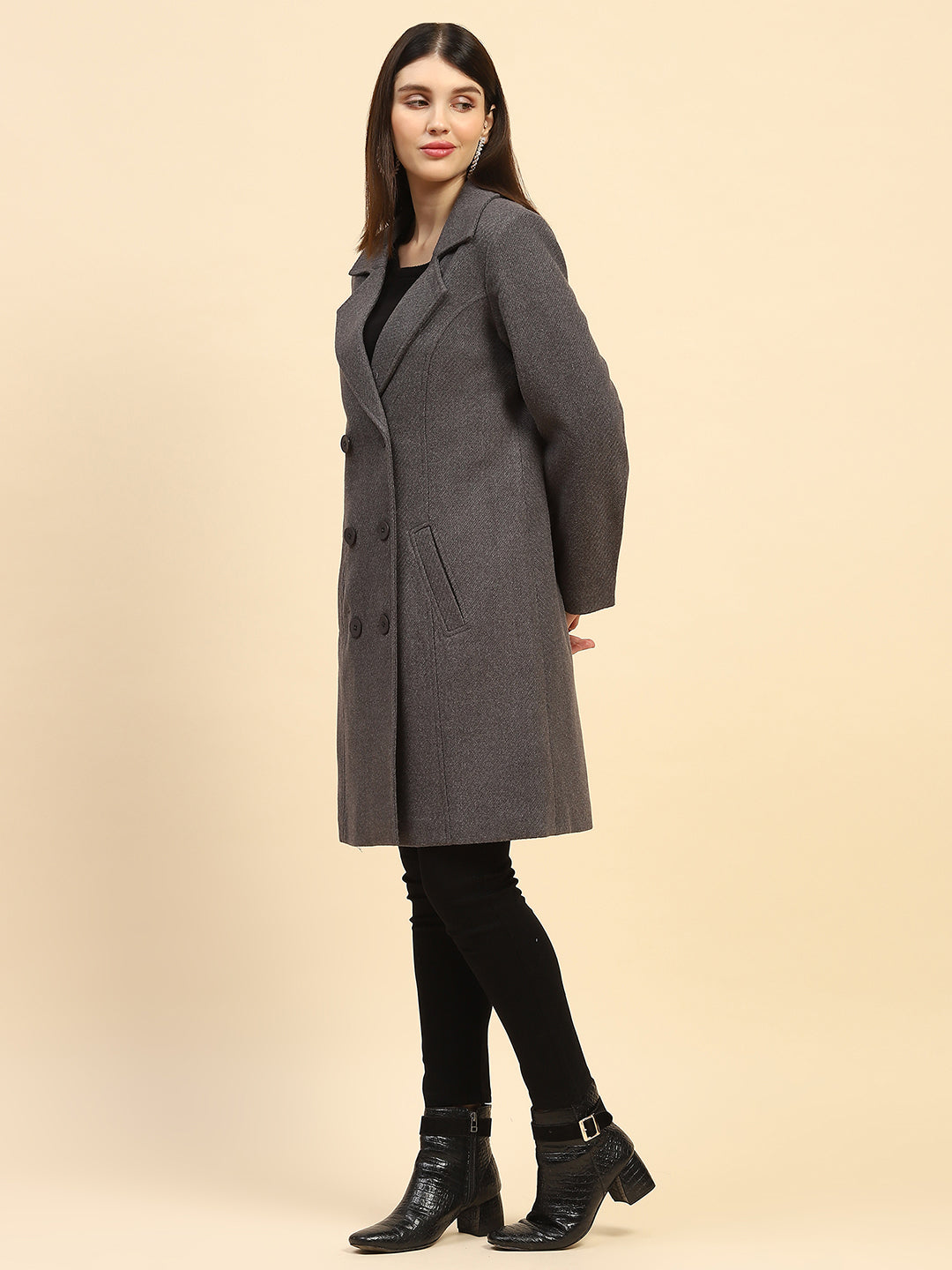 Grey Solid  Long Coat - Global Republic