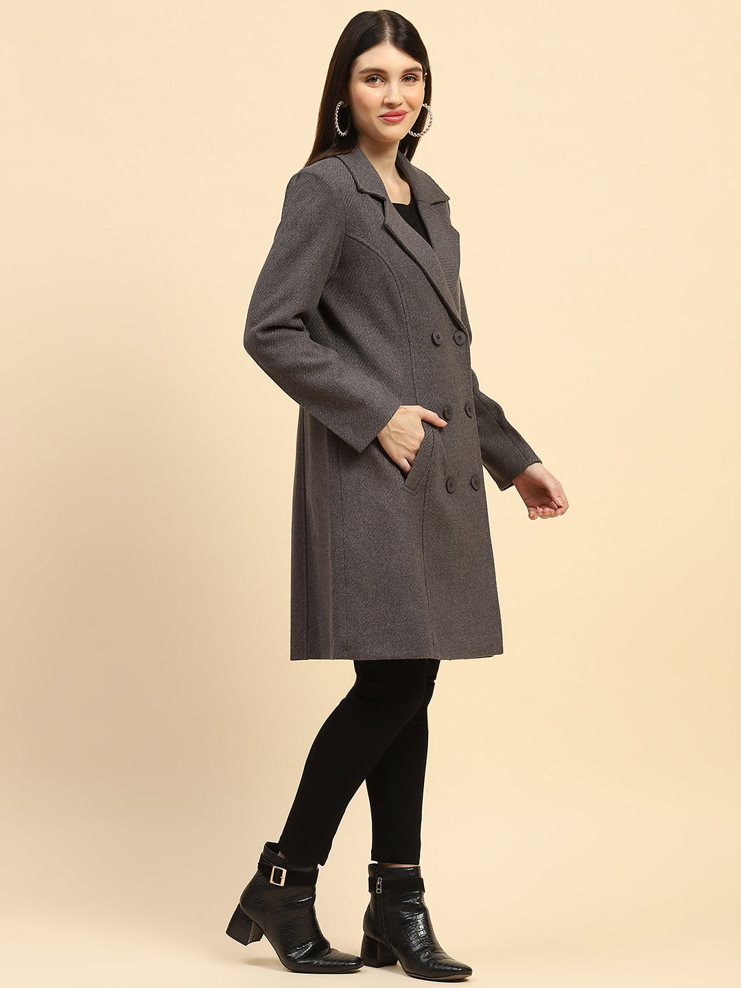 Grey Solid Long Coat - Global Republic