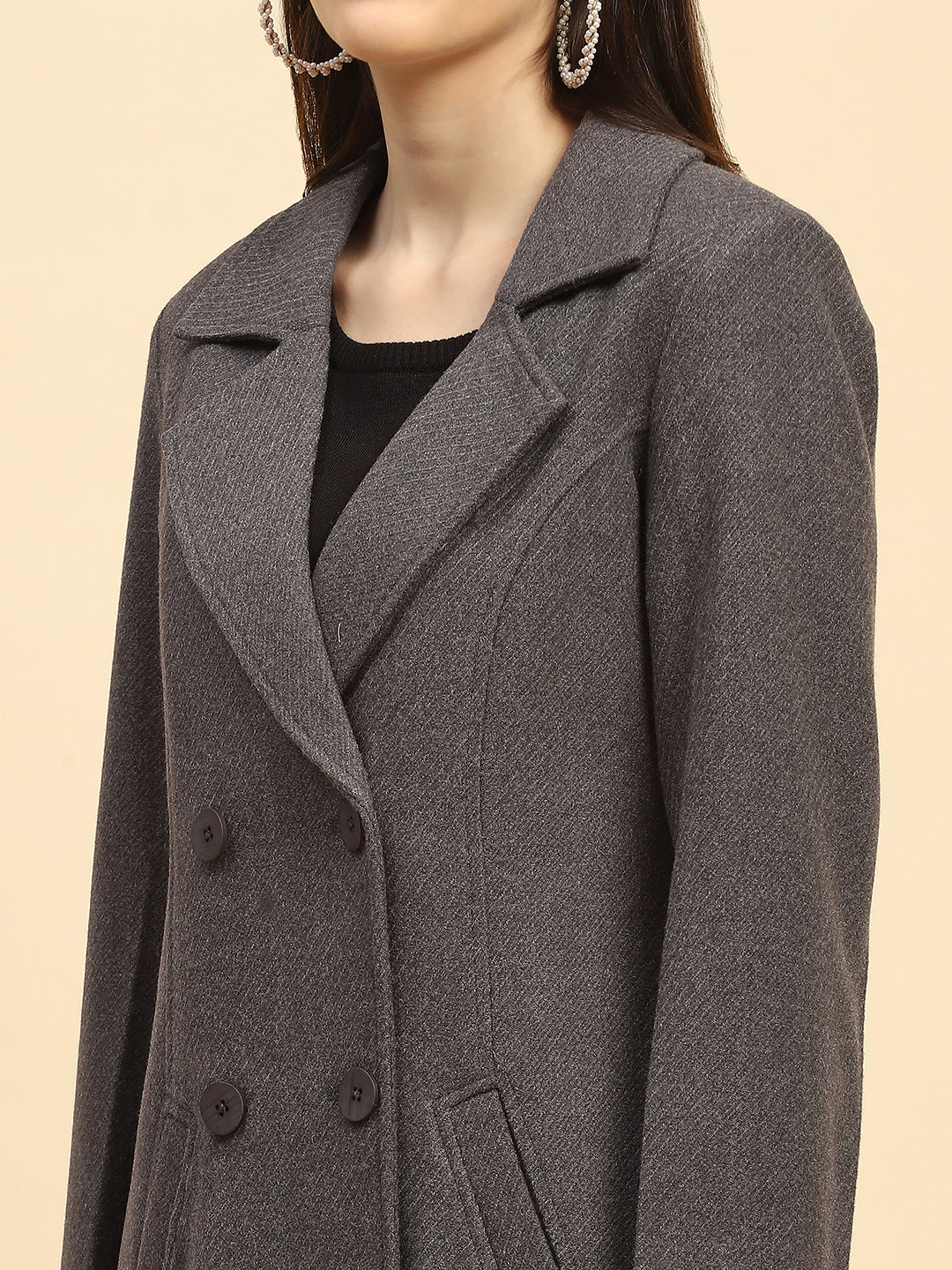 Grey Solid Long Coat - Global Republic