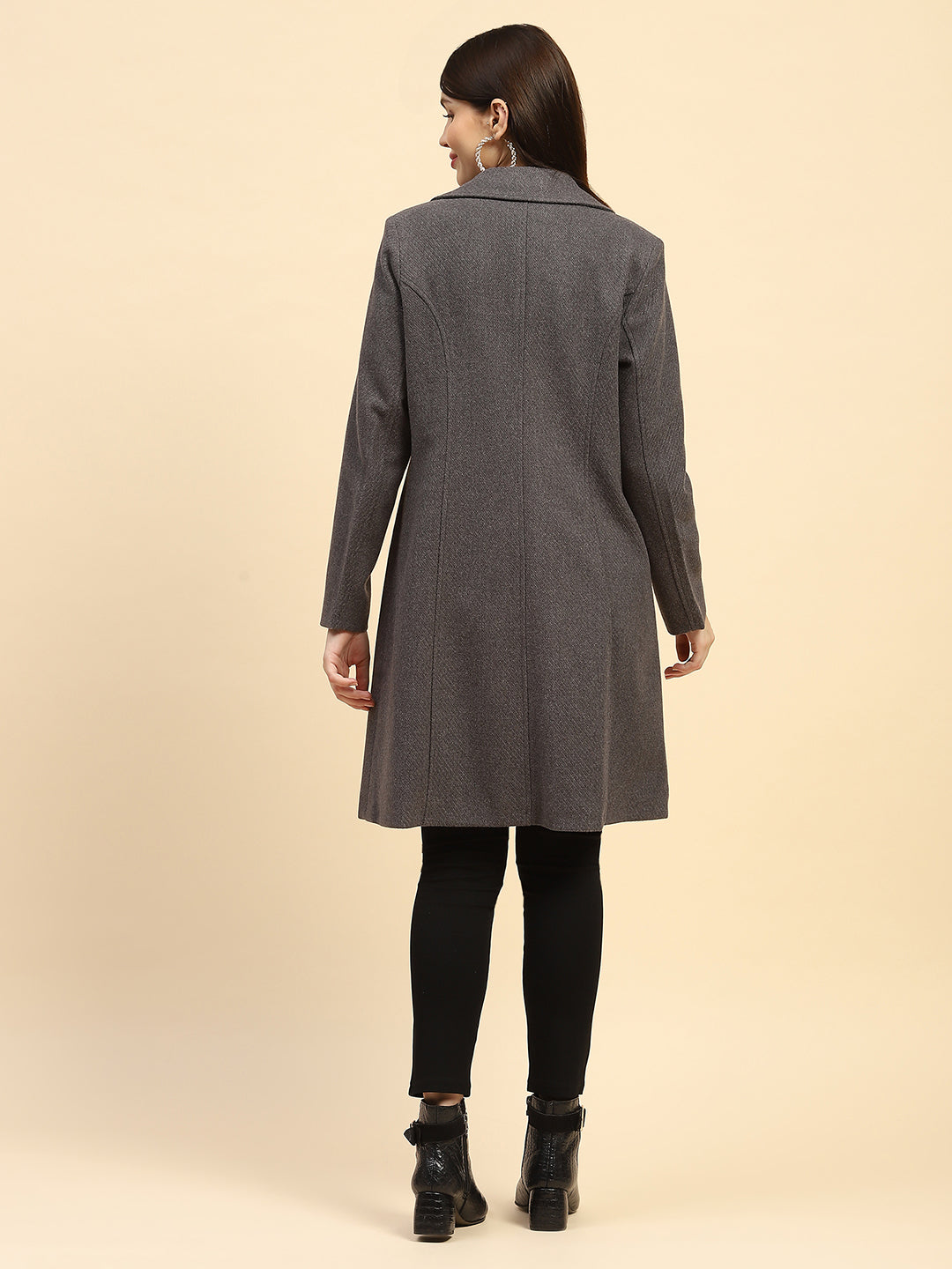 Grey Solid Long Coat - Global Republic