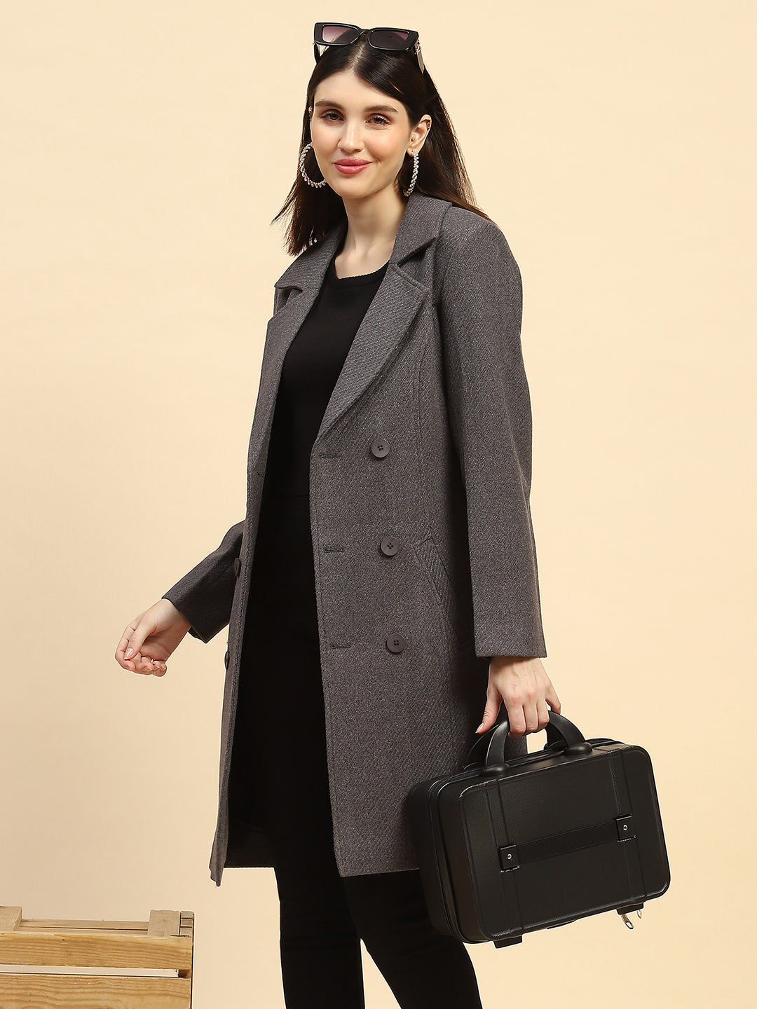 Grey Solid Long Coat - Global Republic