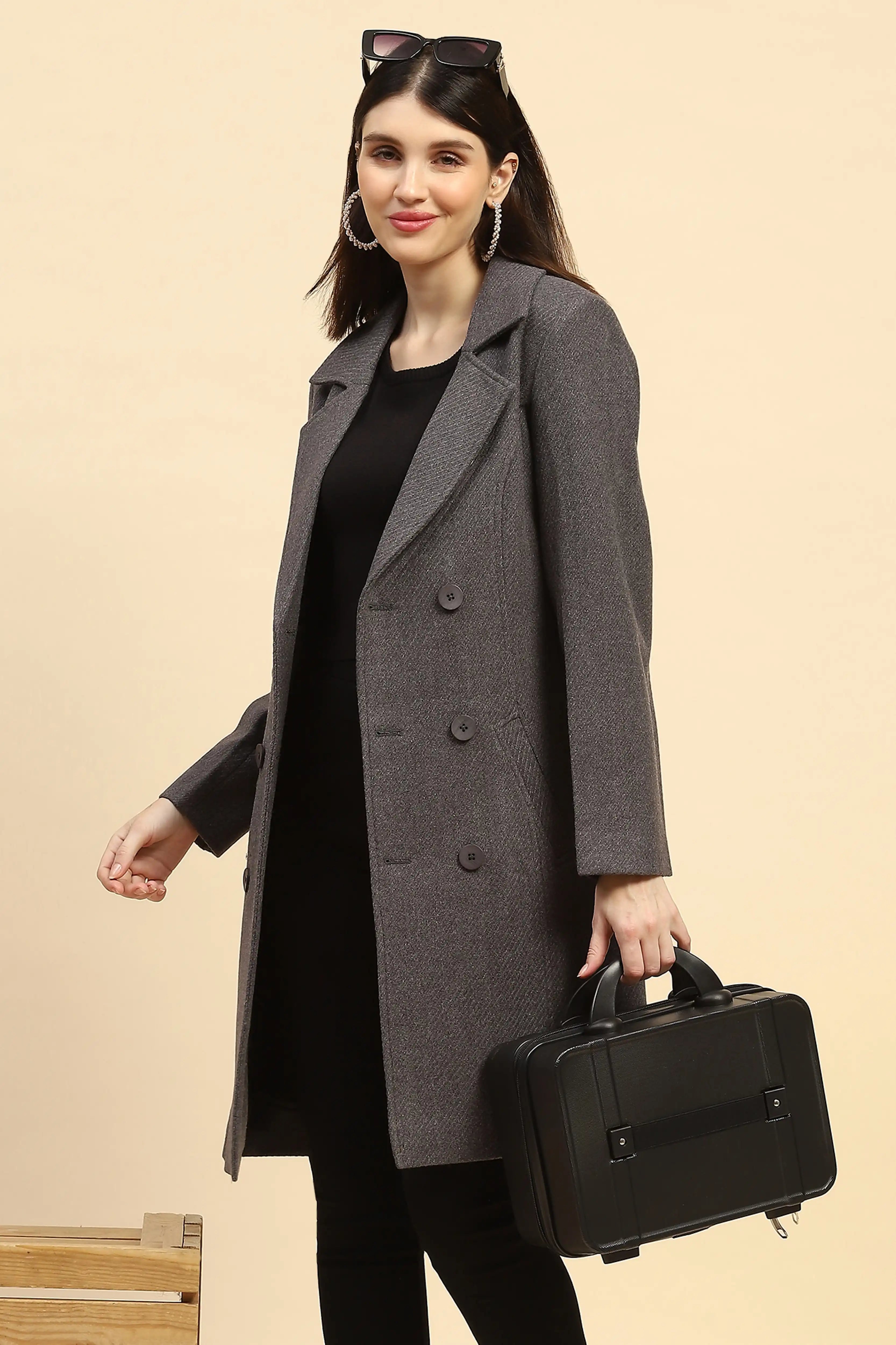Grey Solid Long Coat