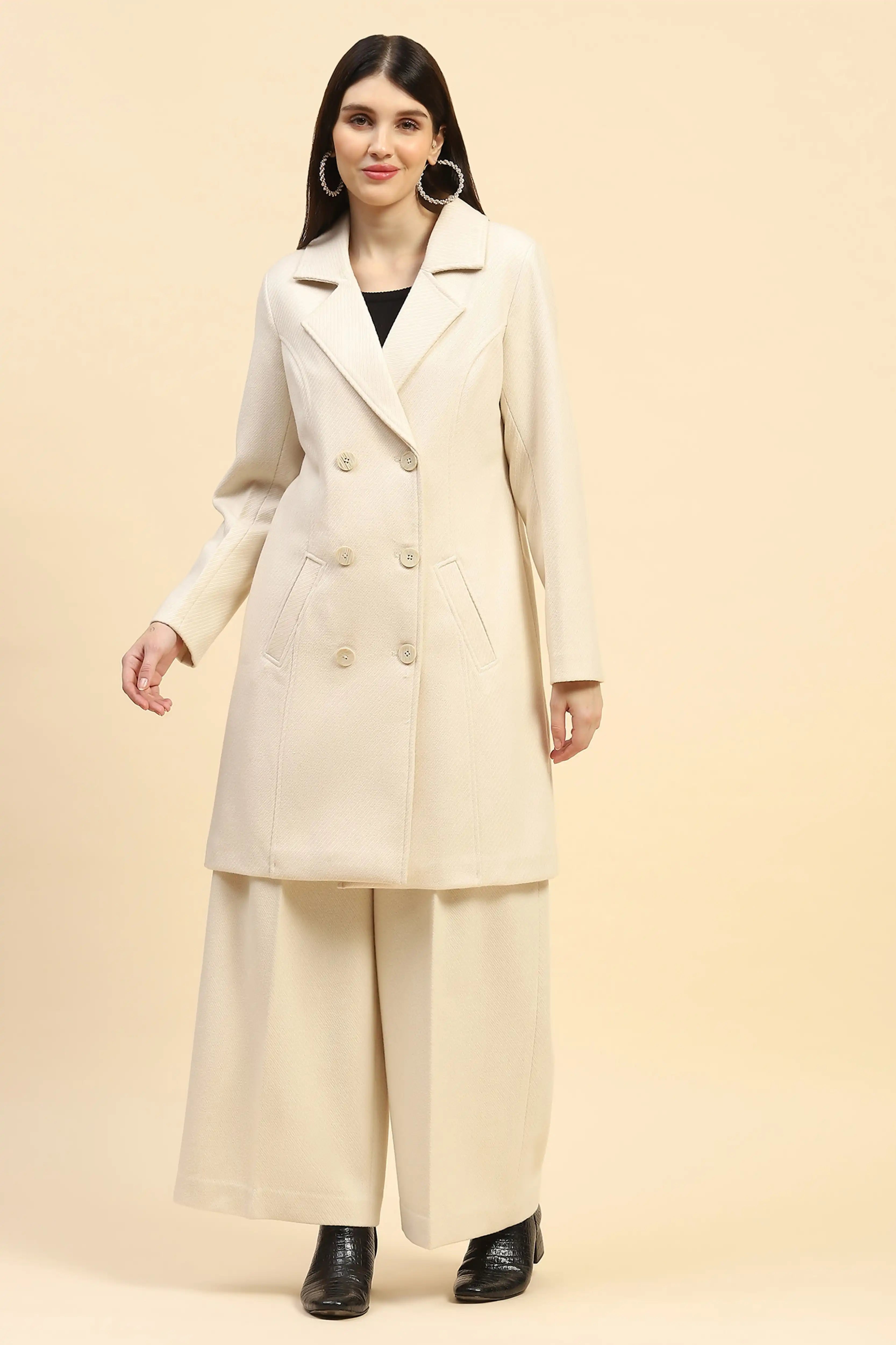 Cream Viscose Coat With Trouser Winter Set