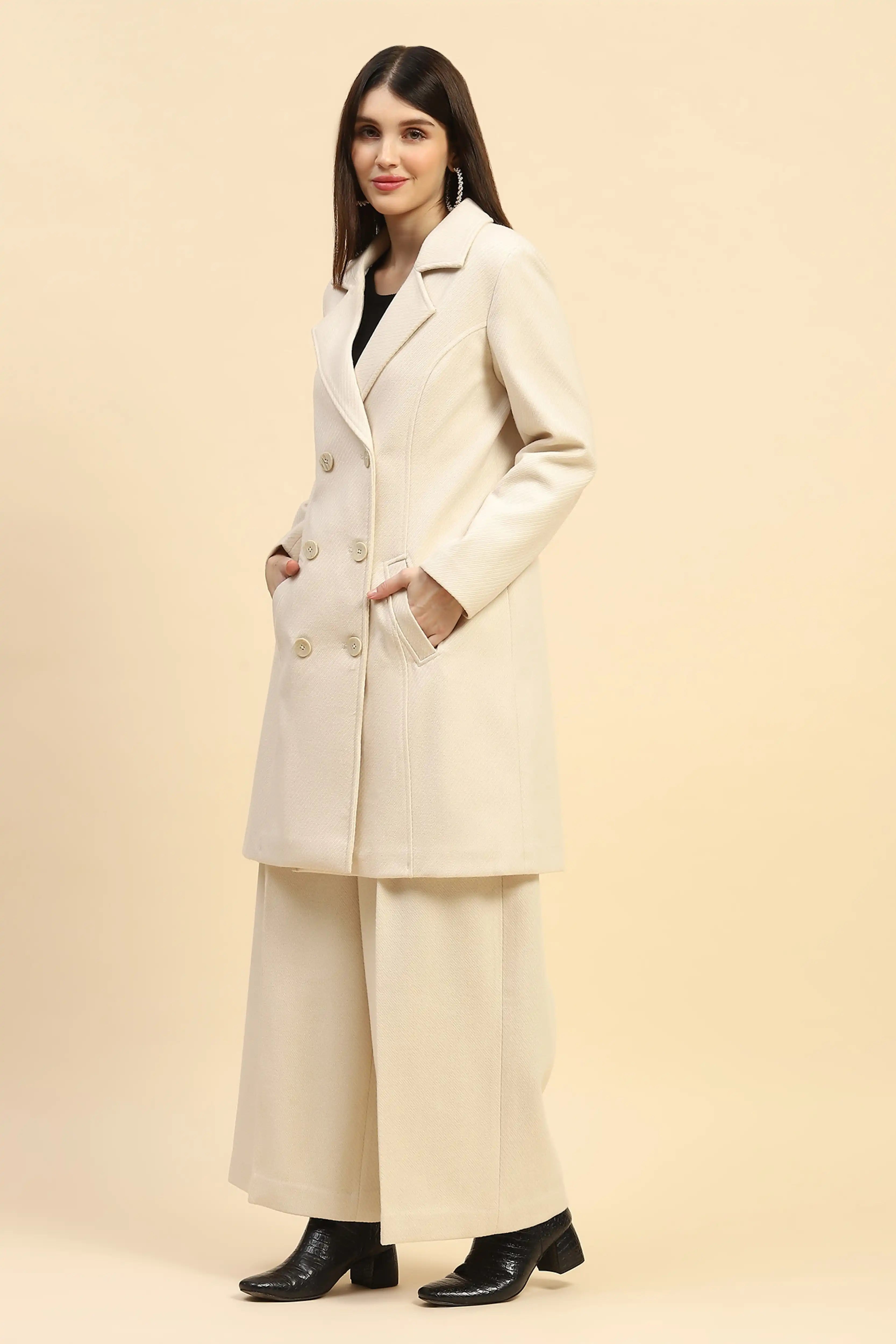 Cream Viscose Coat With Trouser Winter Set