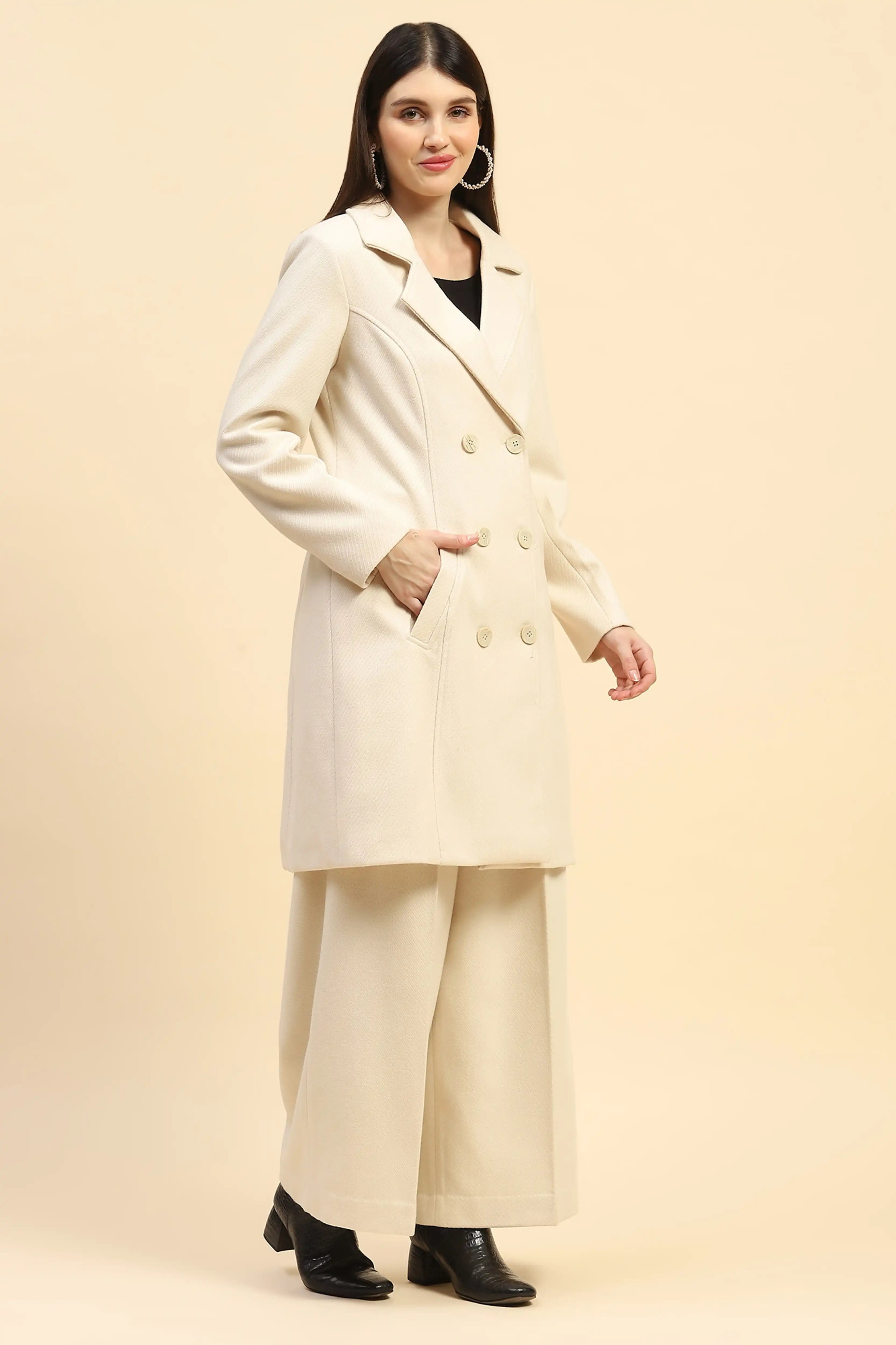 Cream Viscose Coat With Trouser Winter Set