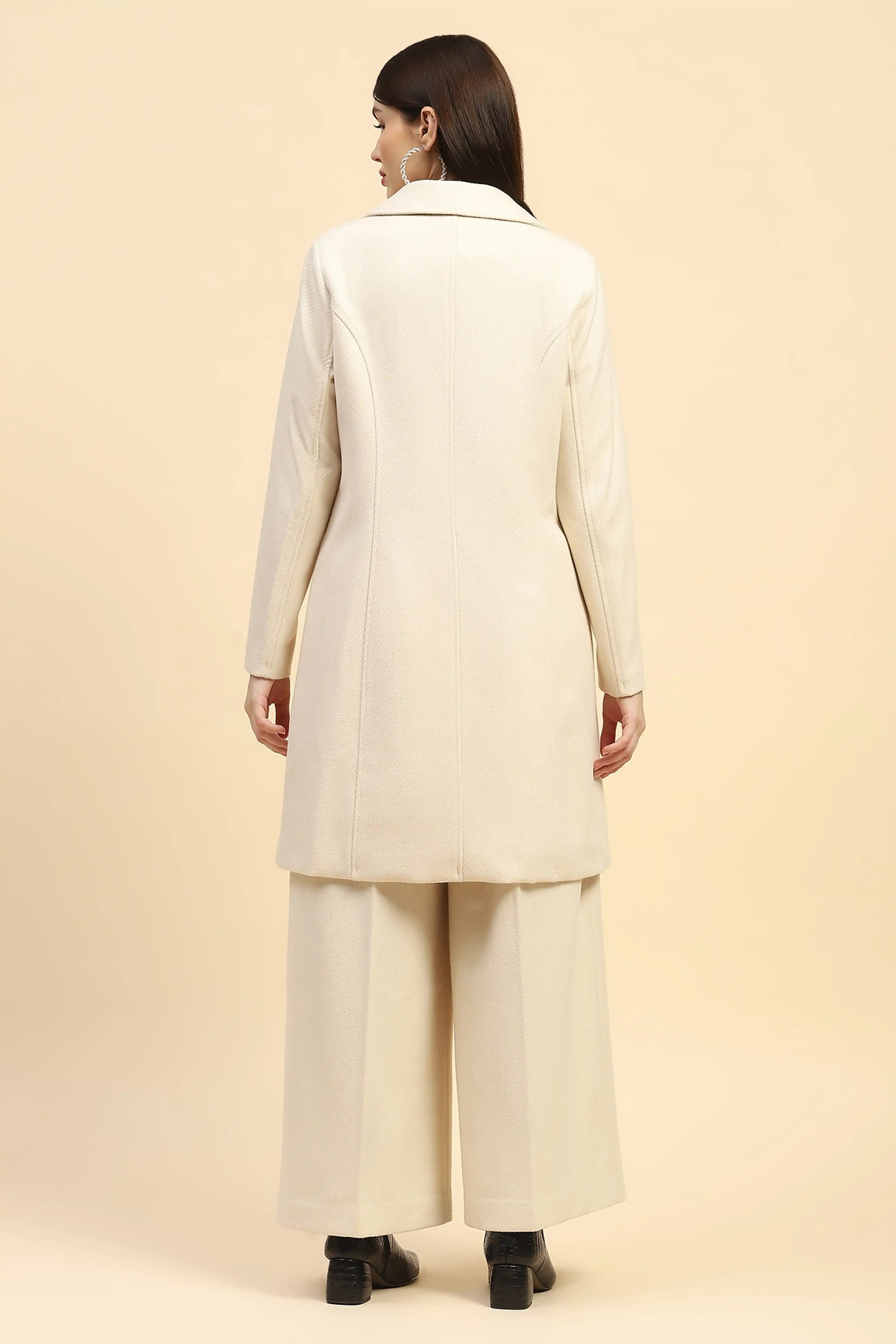 Cream Viscose Coat With Trouser Winter Set
