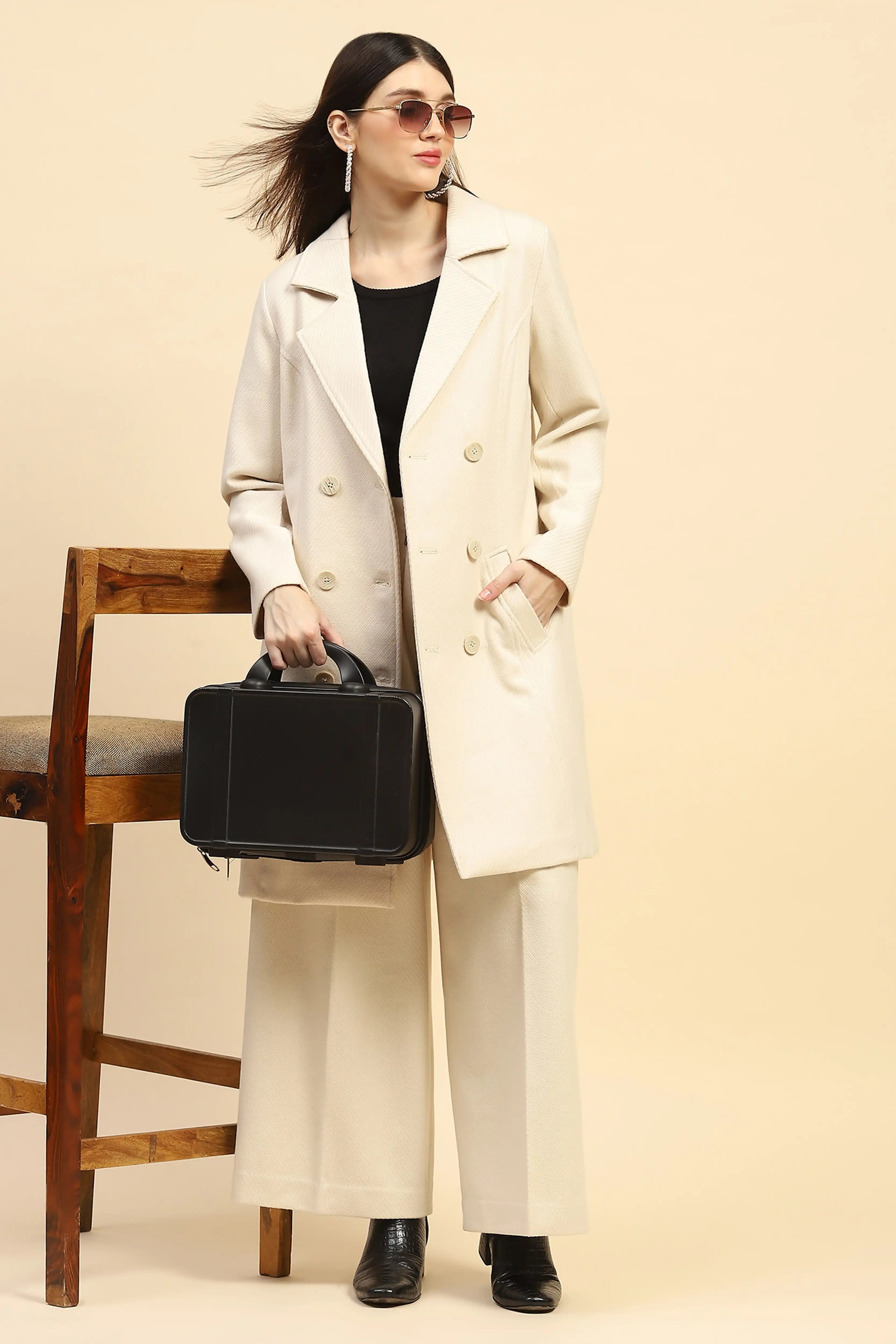 Cream Viscose Coat With Trouser Winter Set
