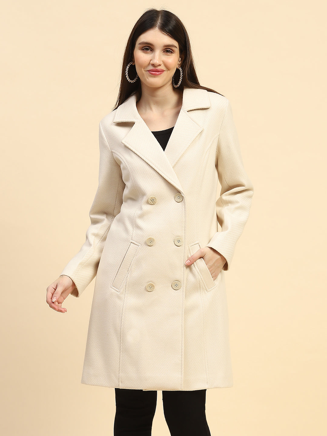 Cream Solid  Long Coat - Global Republic