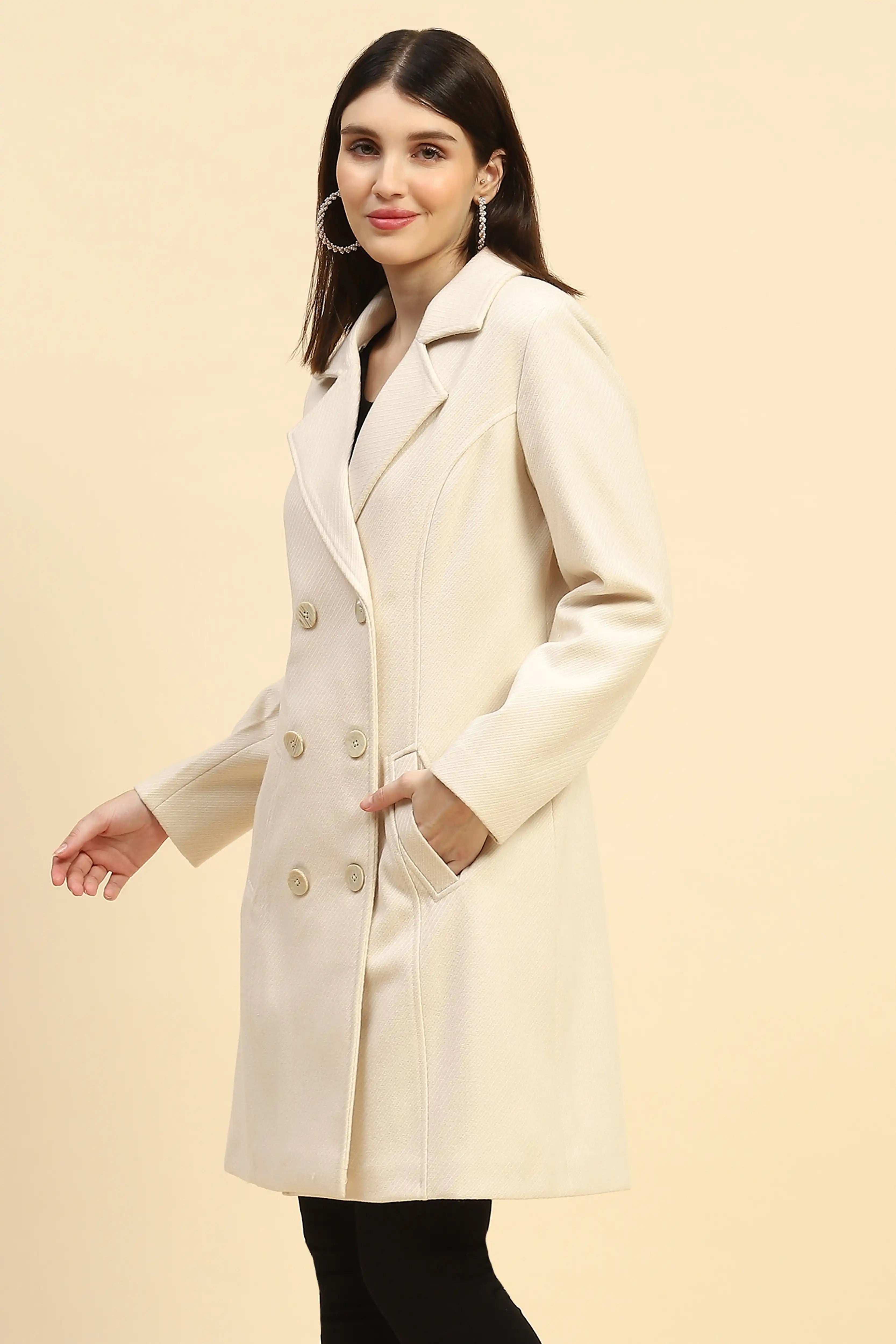 Cream Solid Long Coat