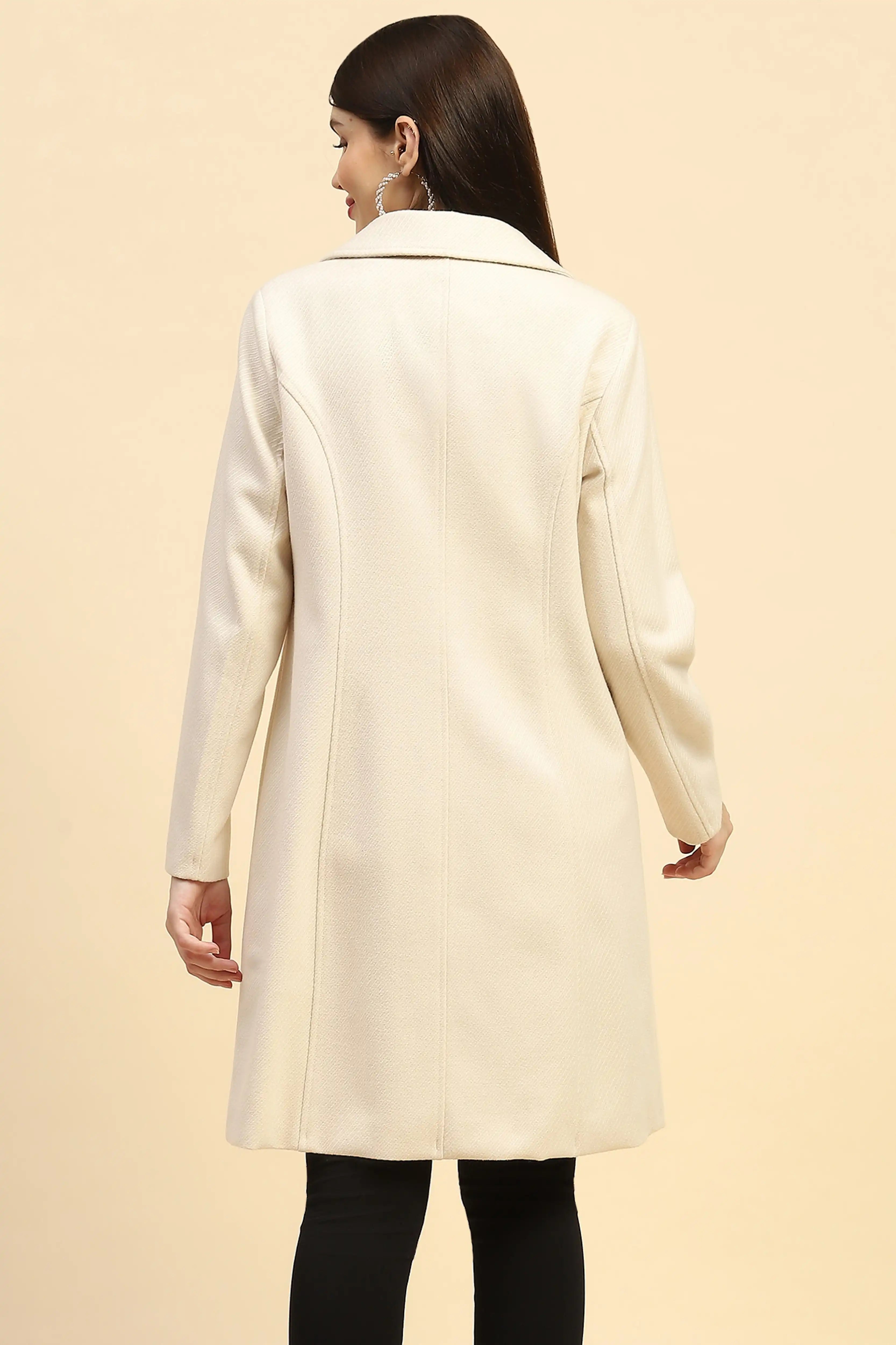 Cream Solid Long Coat