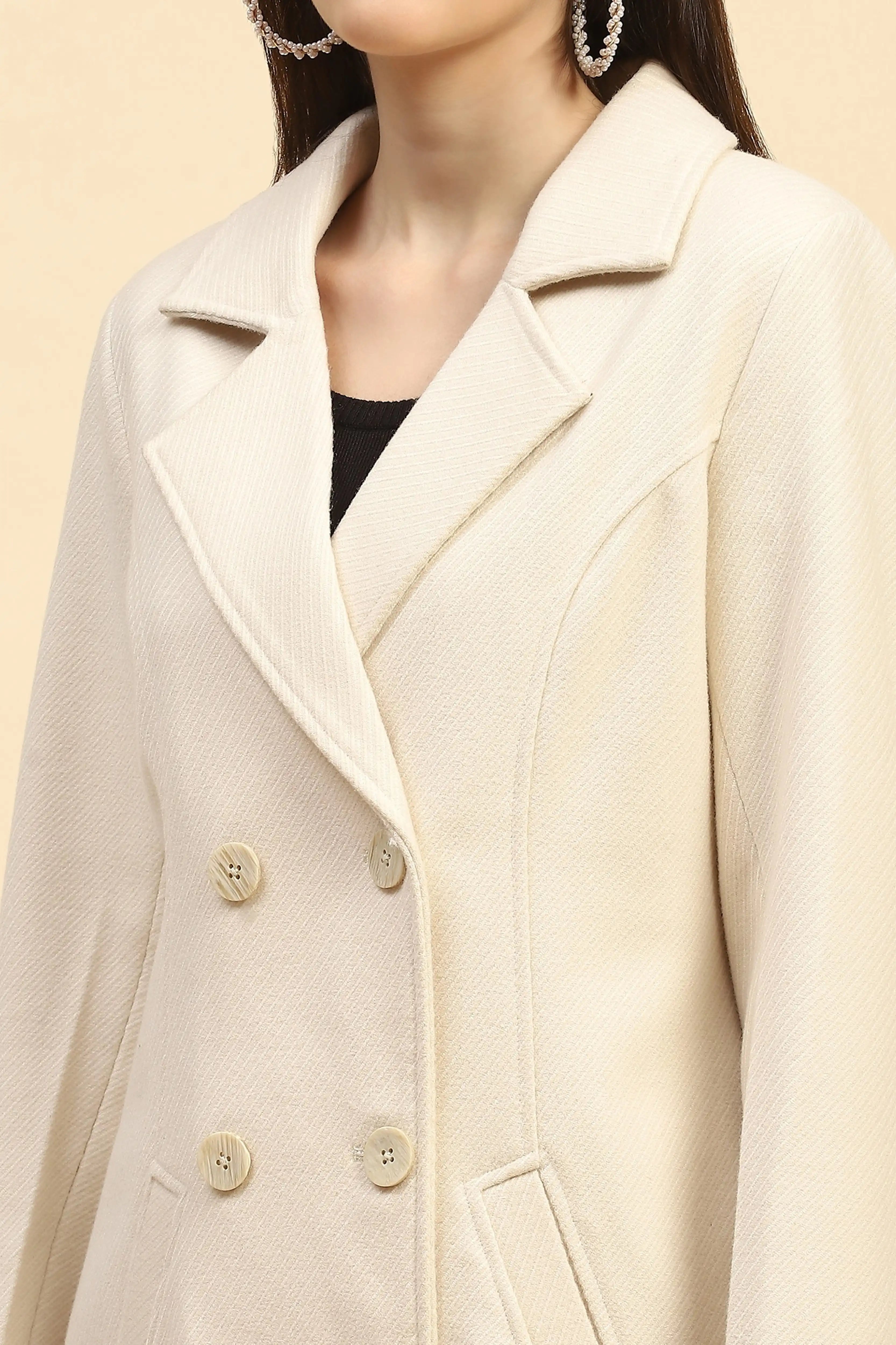 Cream Solid Long Coat