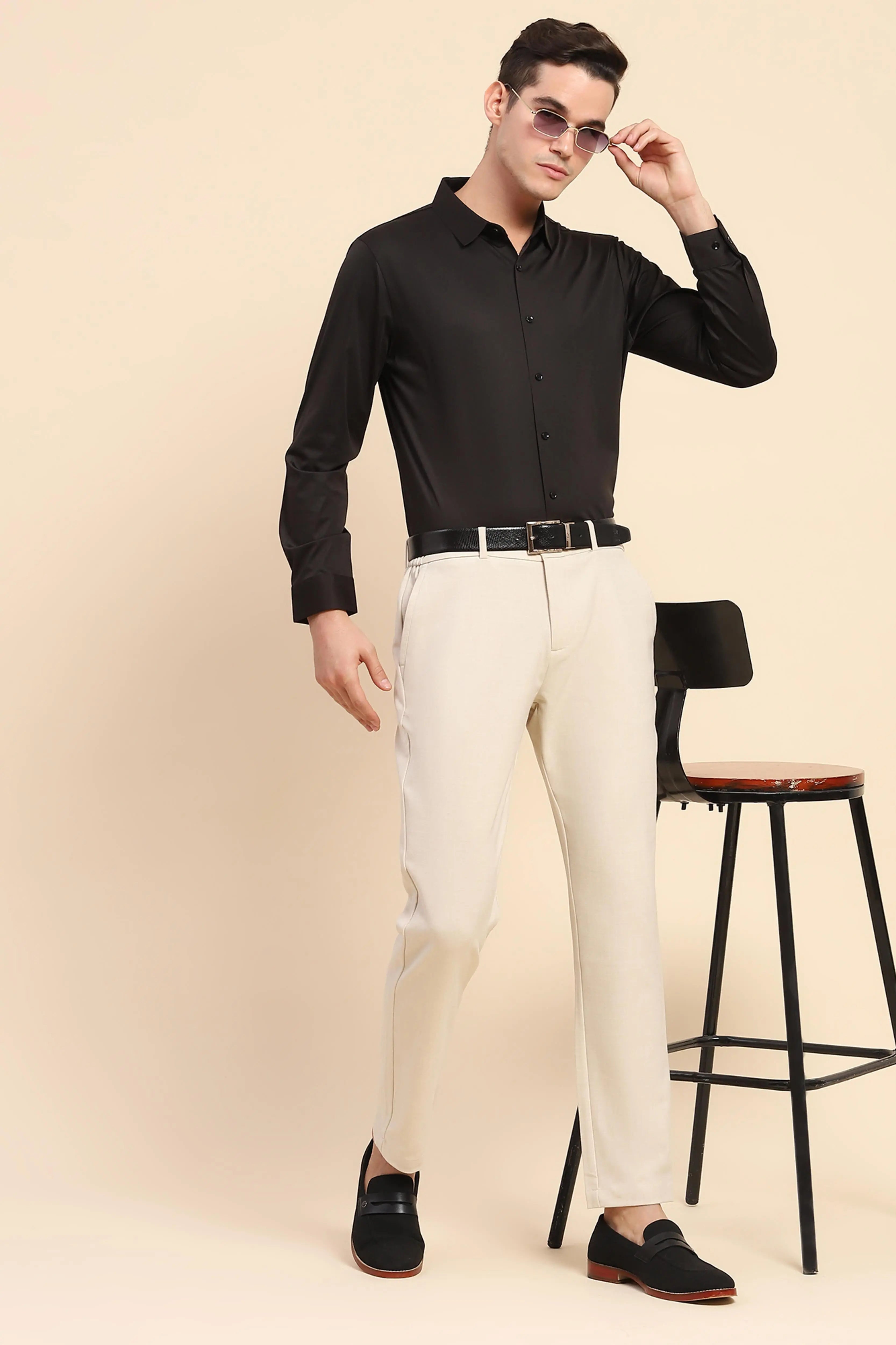 Black Nylon Blend Solid Formal Shirt - Global Republic