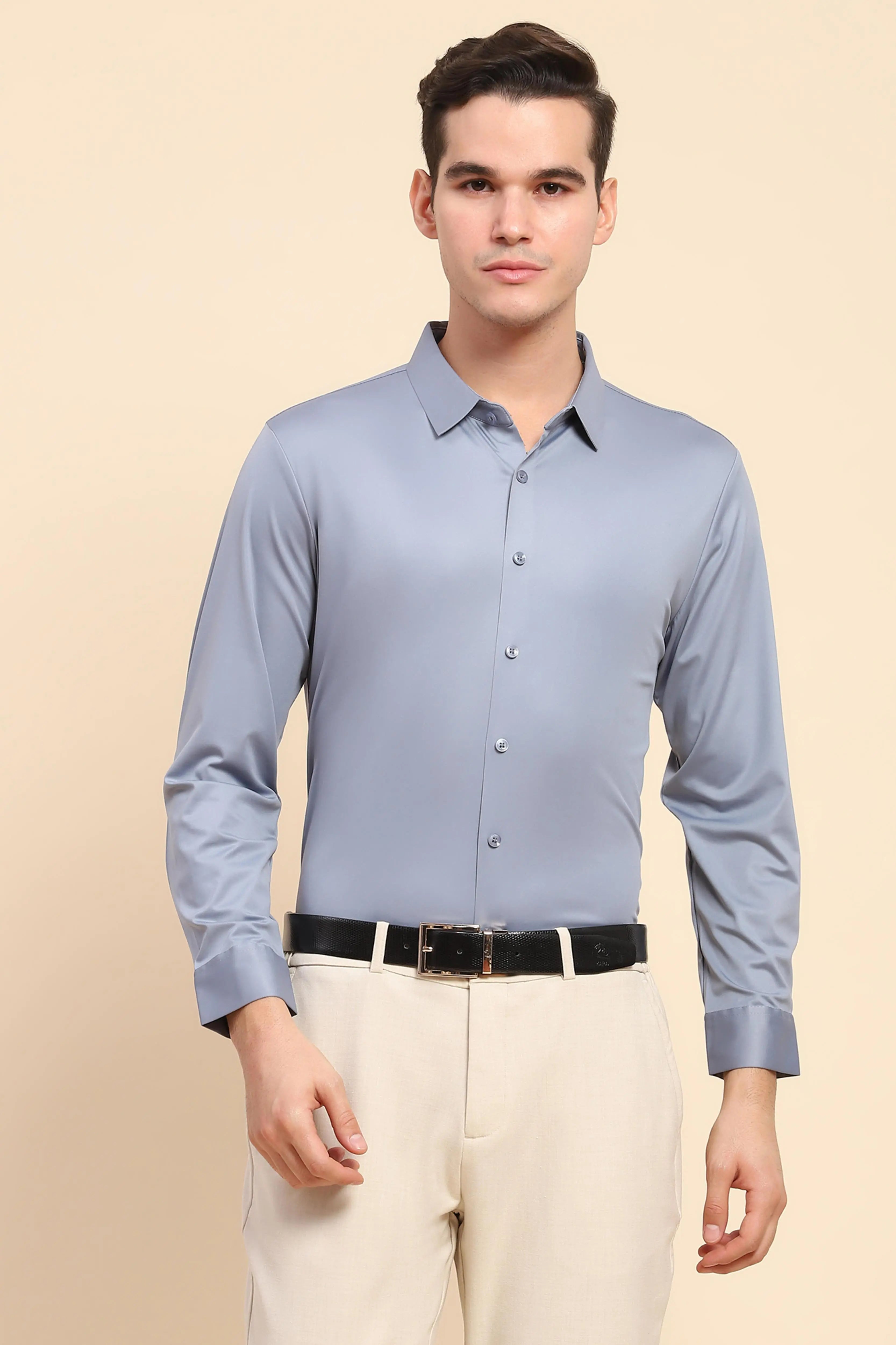 Blue Nylon Blend Solid Formal Shirt - Global Republic