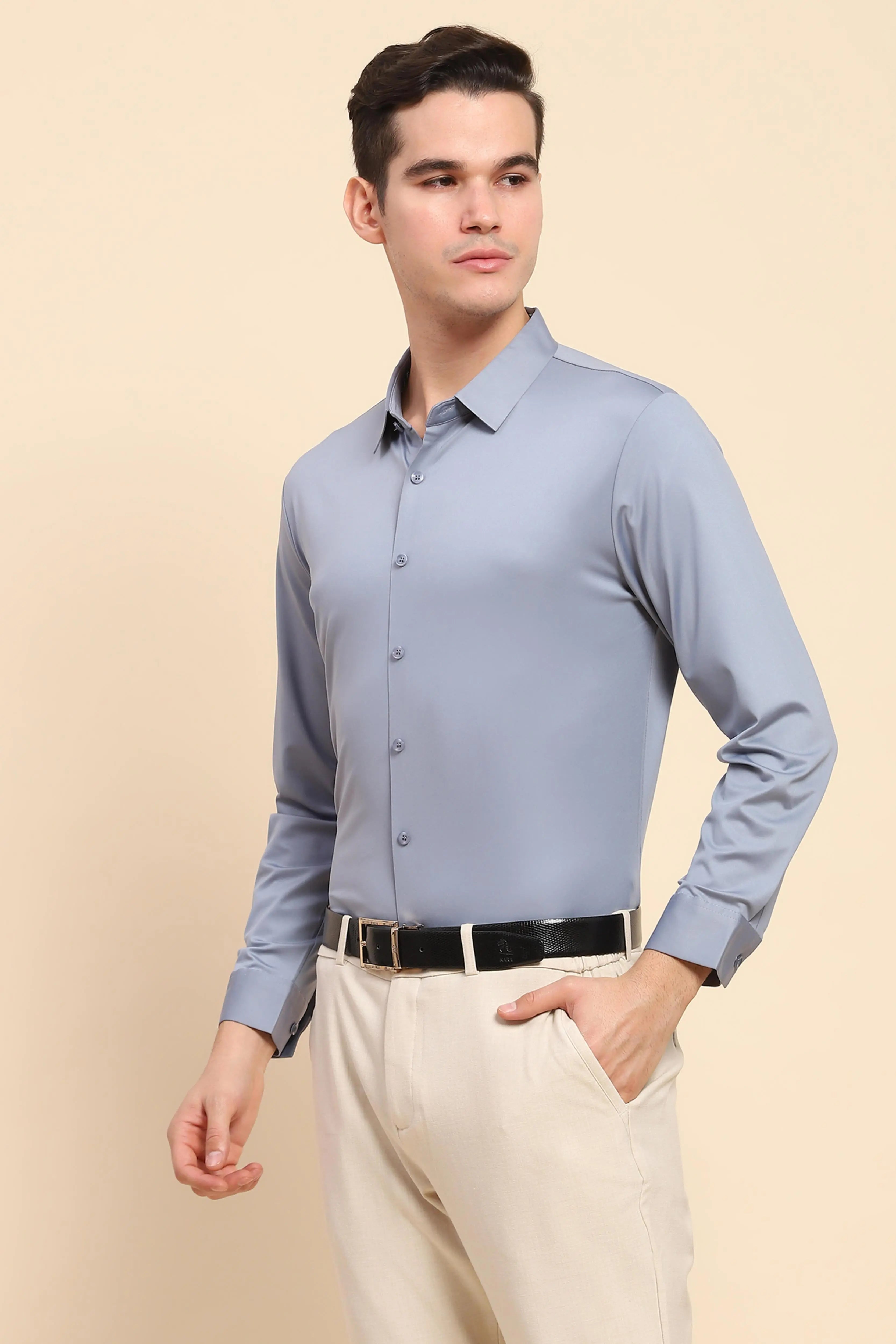Blue Nylon Blend Solid Formal Shirt - Global Republic