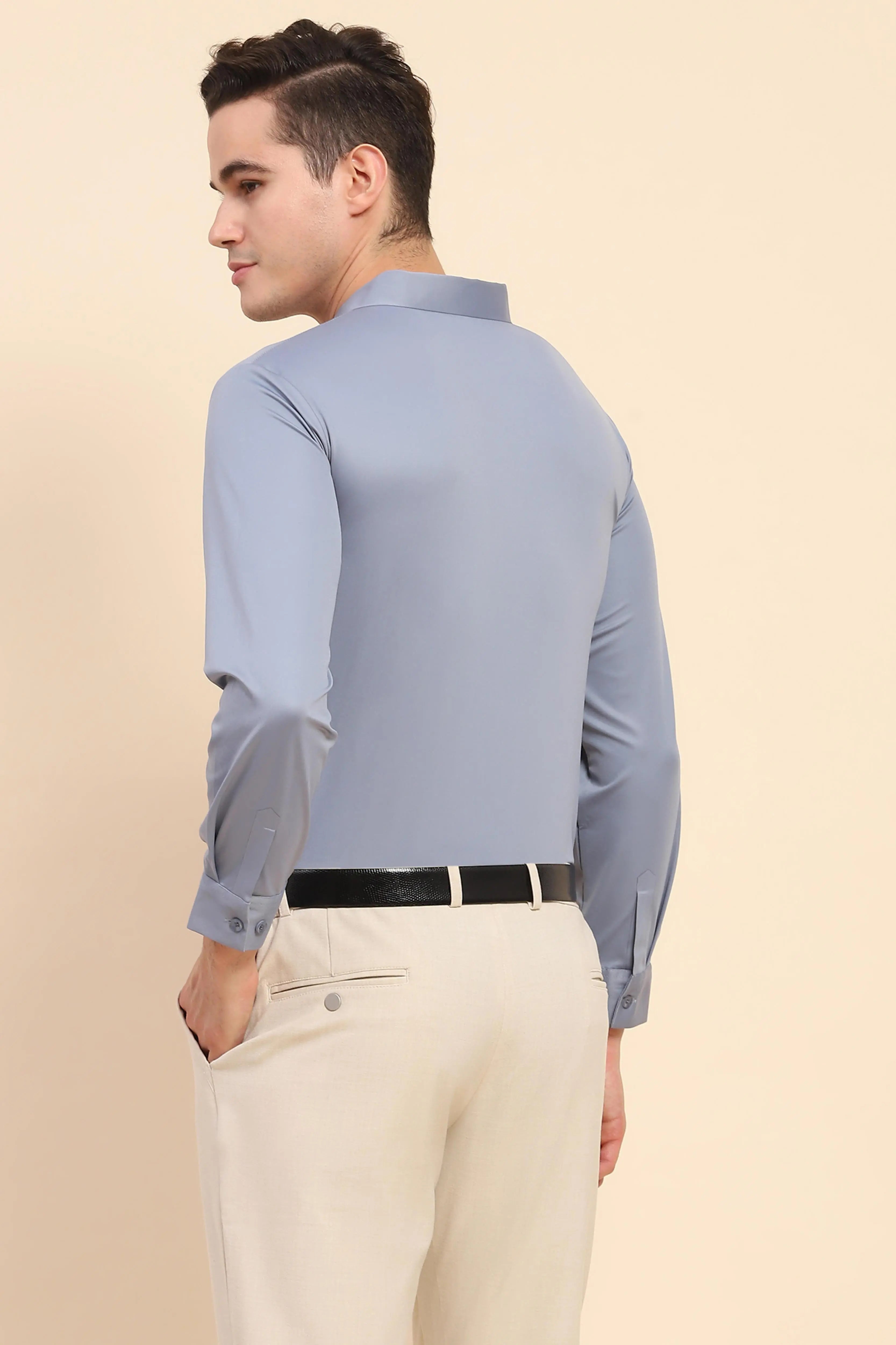 Blue Nylon Blend Solid Formal Shirt - Global Republic