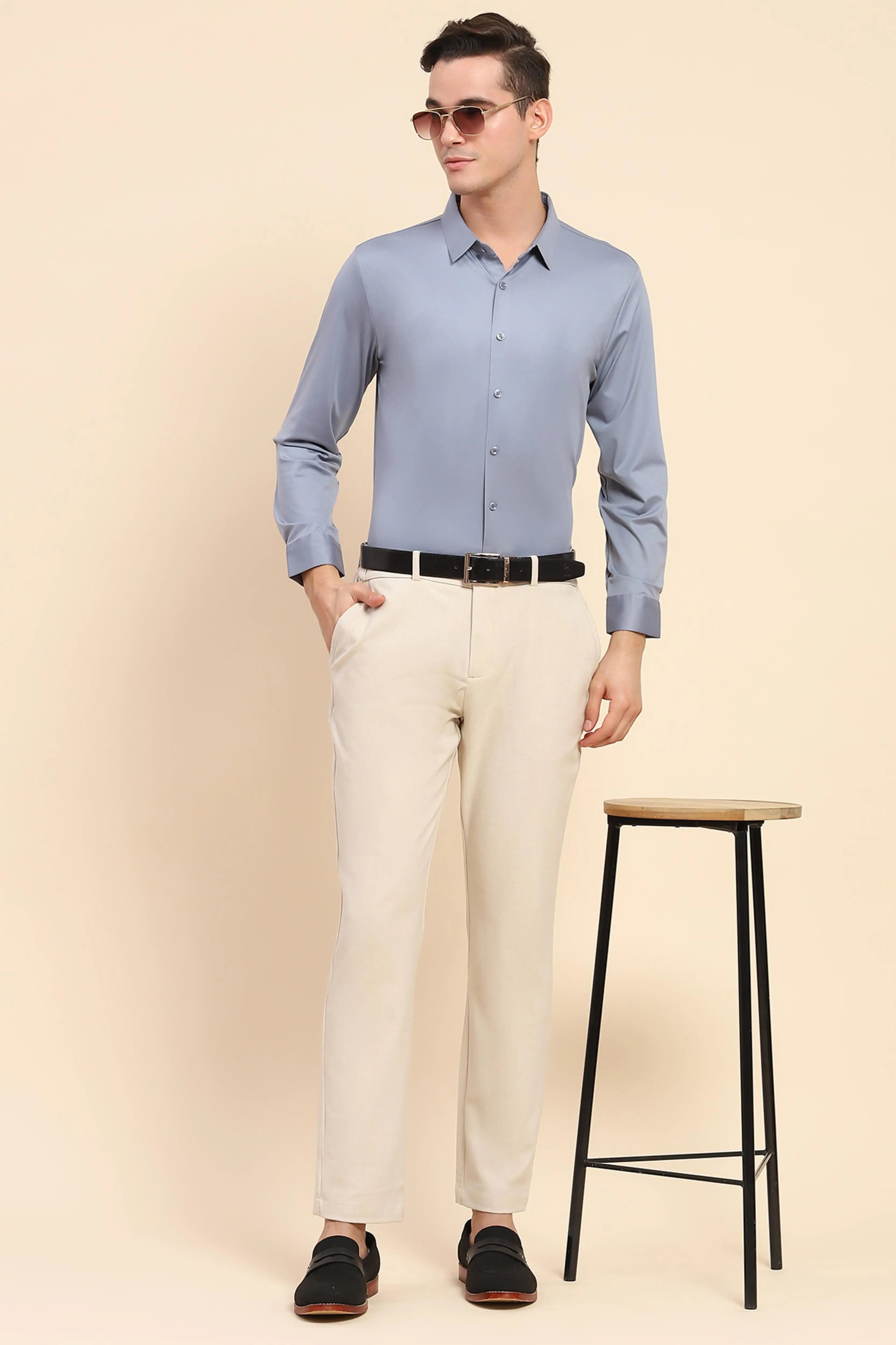 Blue Nylon Blend Solid Formal Shirt - Global Republic