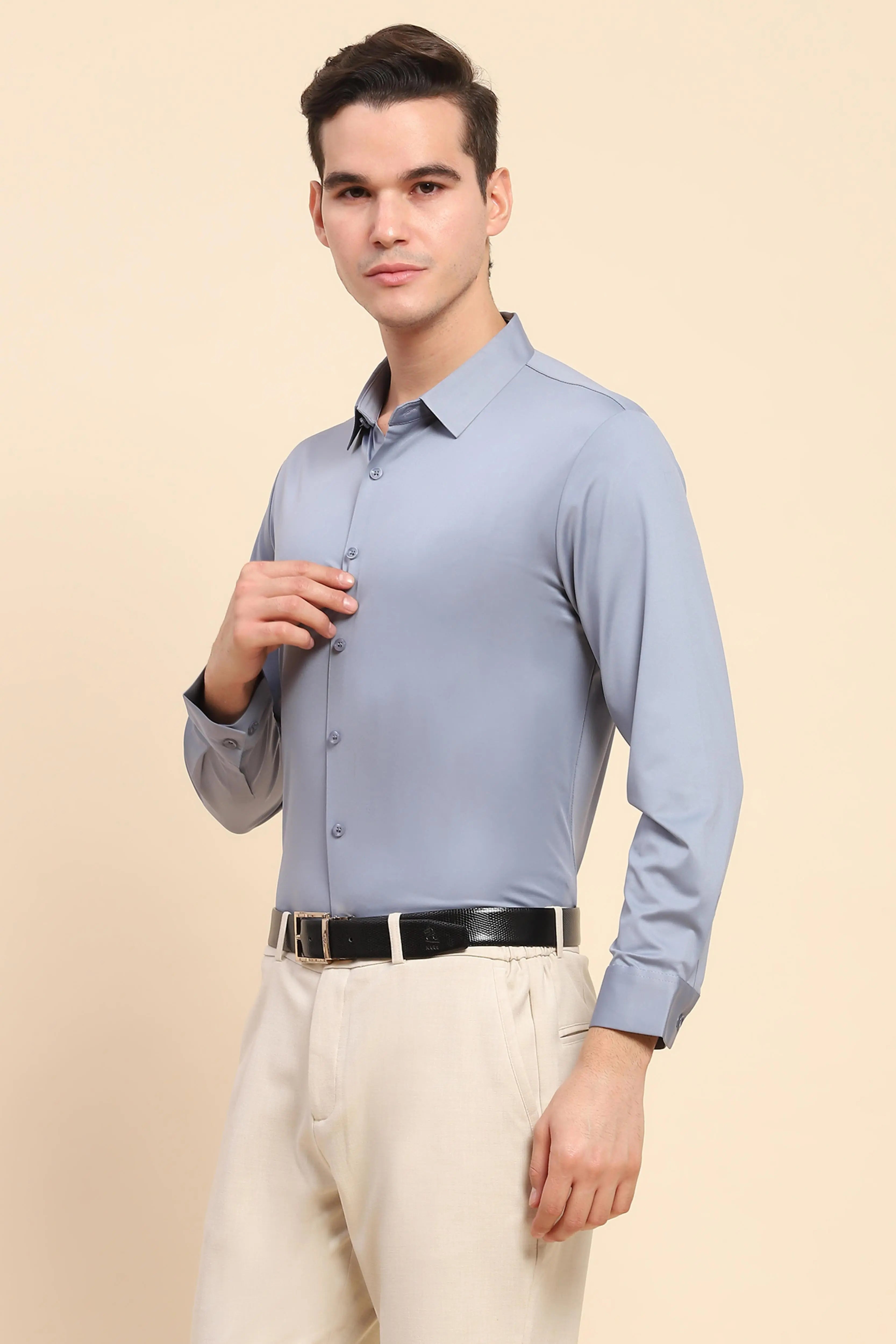 Blue Nylon Blend Solid Formal Shirt - Global Republic