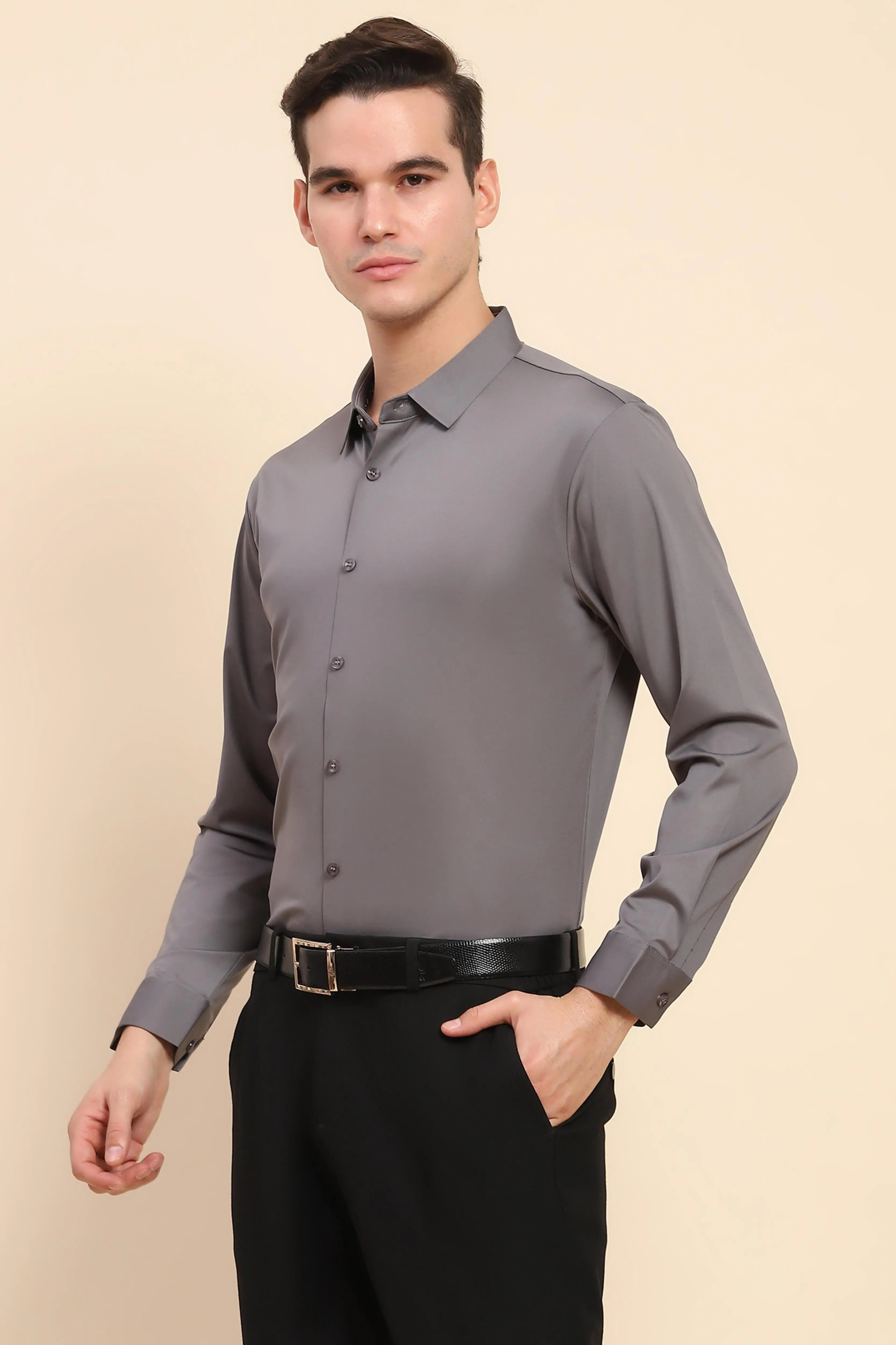 Gray Nylon Blend Solid Formal Shirt - Global Republic