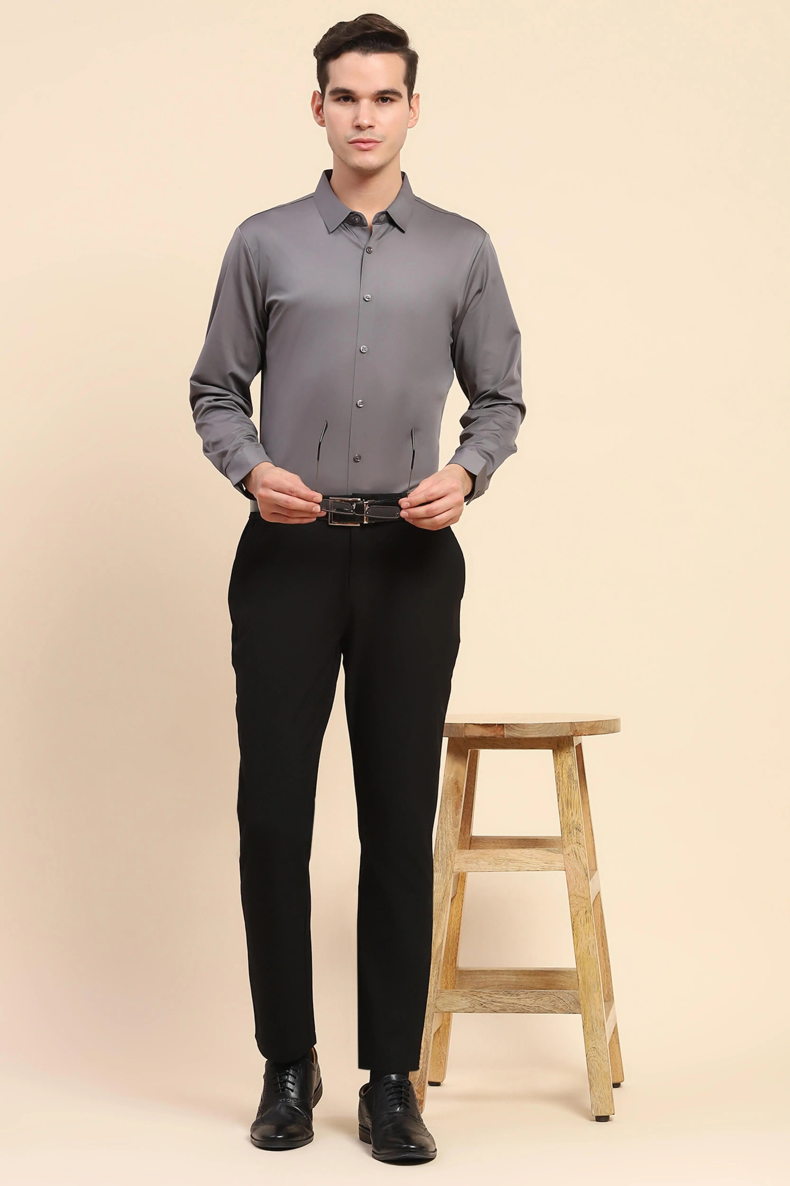 Gray Nylon Blend Solid Formal Shirt - Global Republic