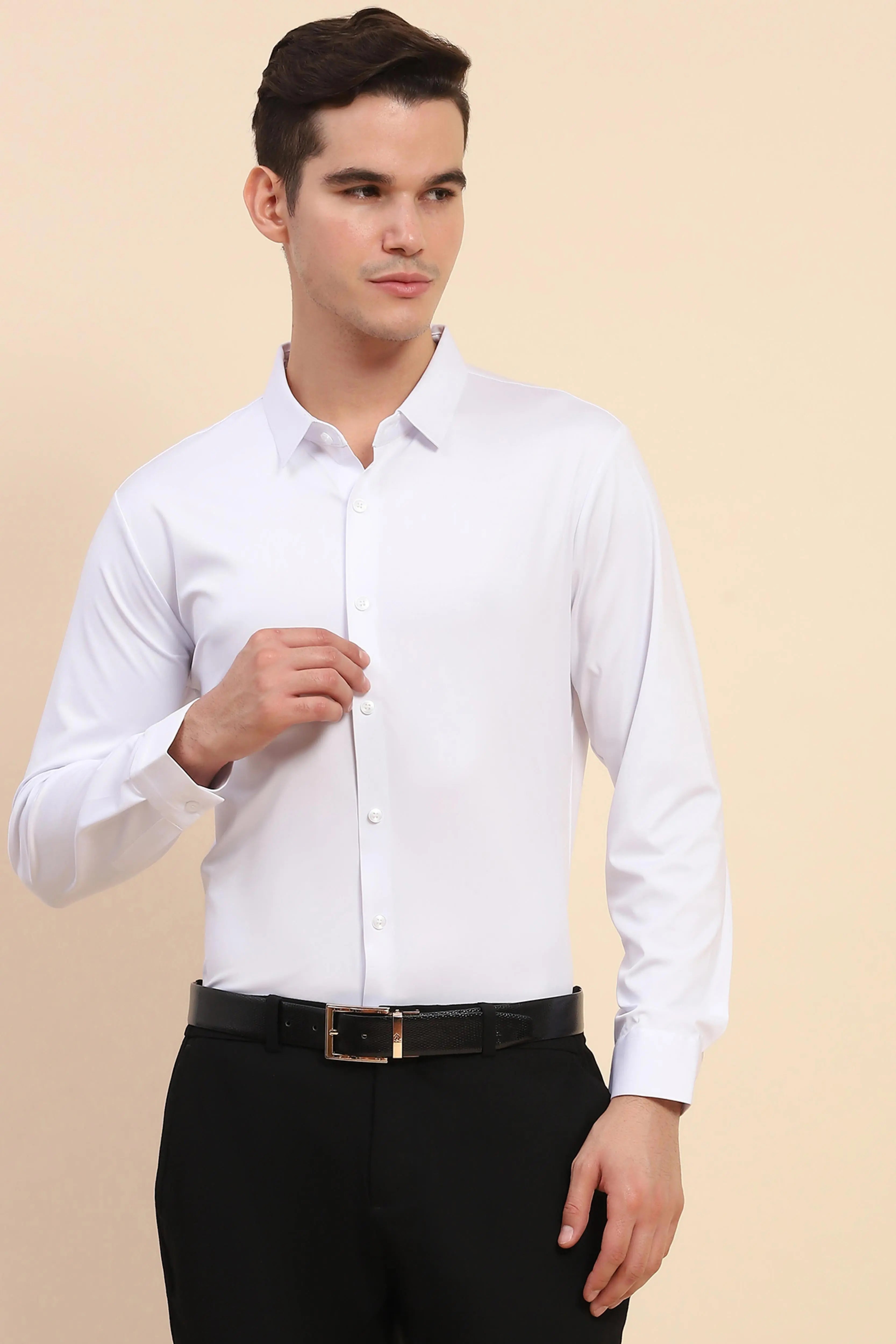 White Nylon Blend Solid Formal Shirt - Global Republic