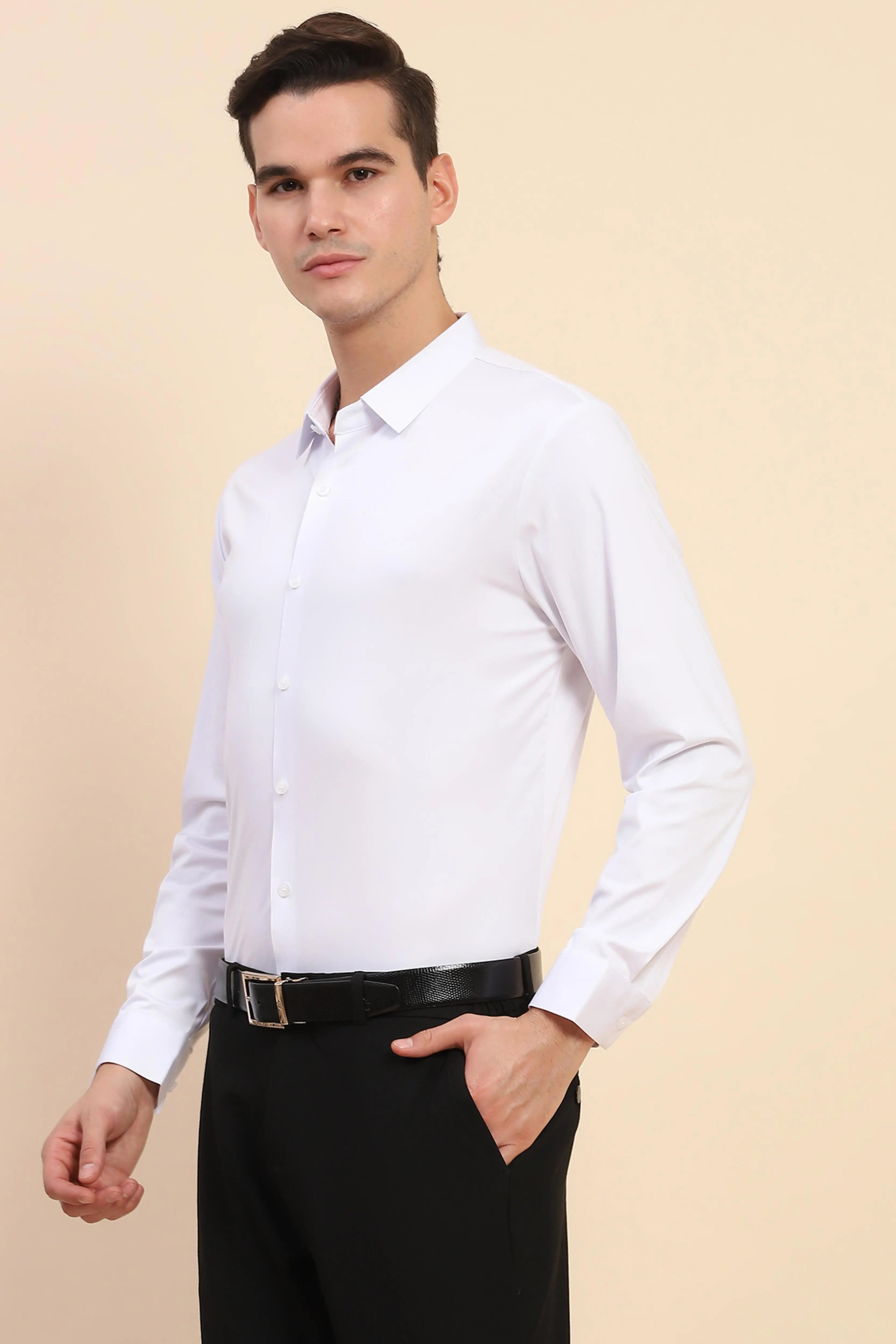 White Nylon Blend Solid Formal Shirt - Global Republic
