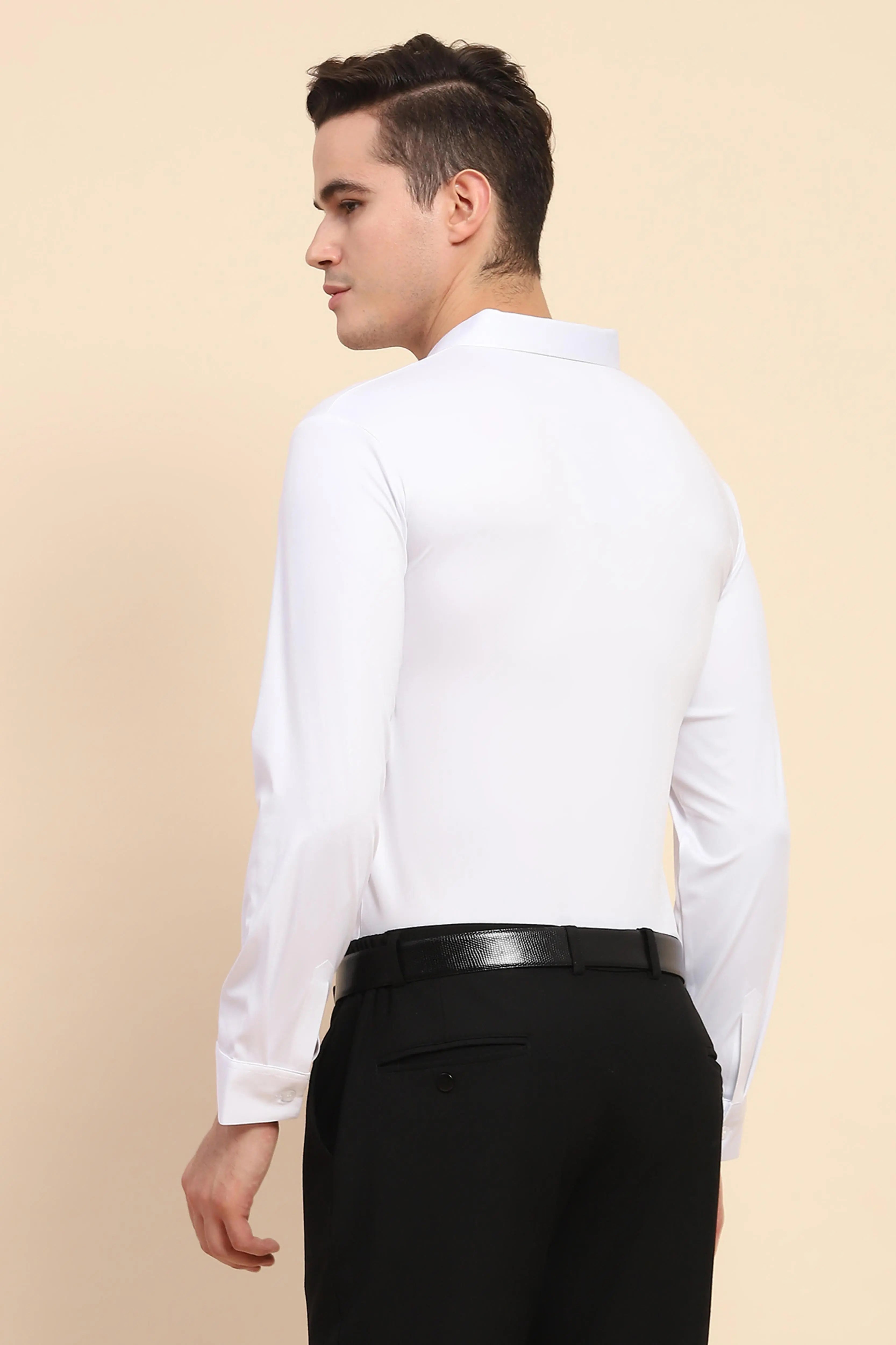 White Nylon Blend Solid Formal Shirt - Global Republic
