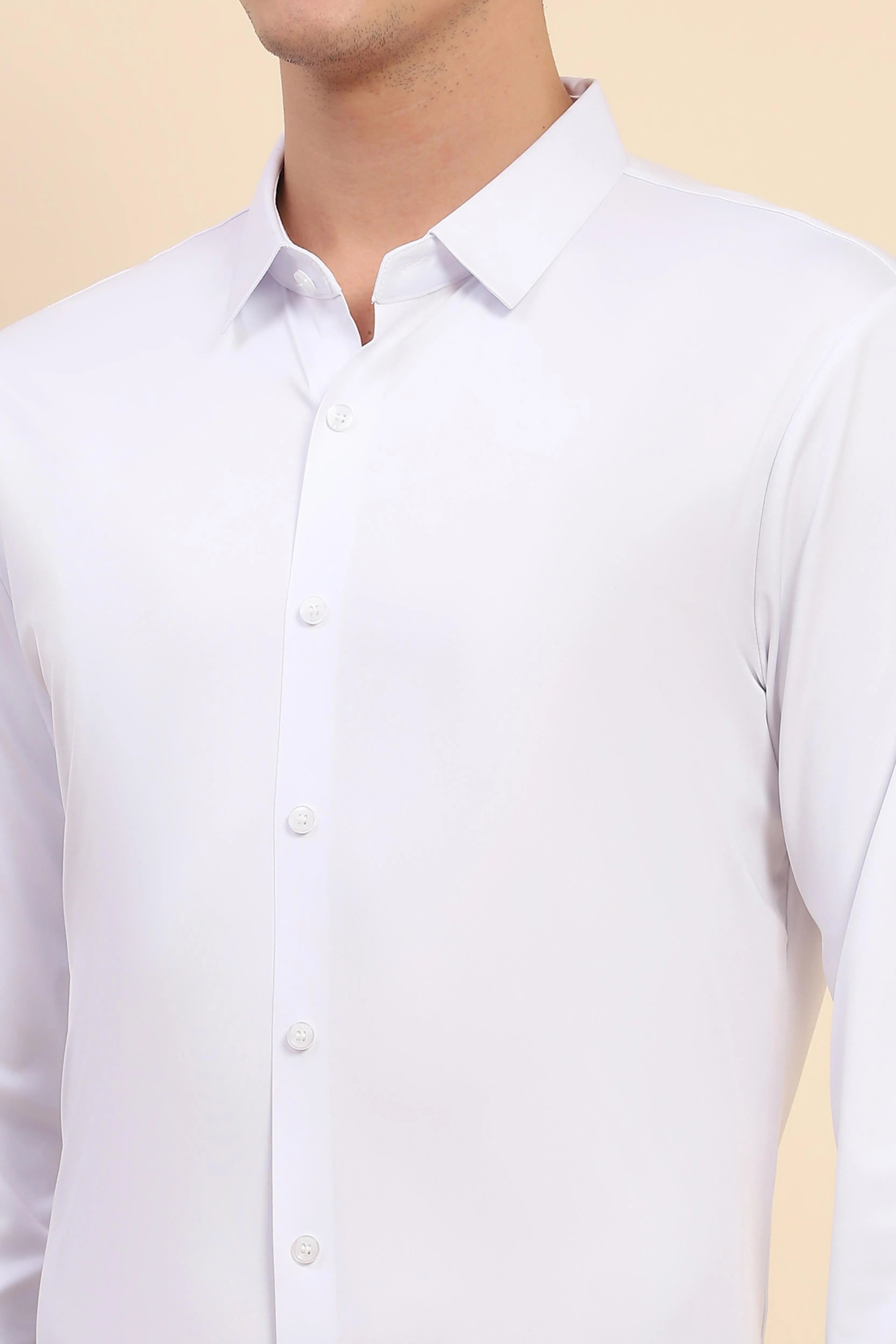 White Nylon Blend Solid Formal Shirt - Global Republic