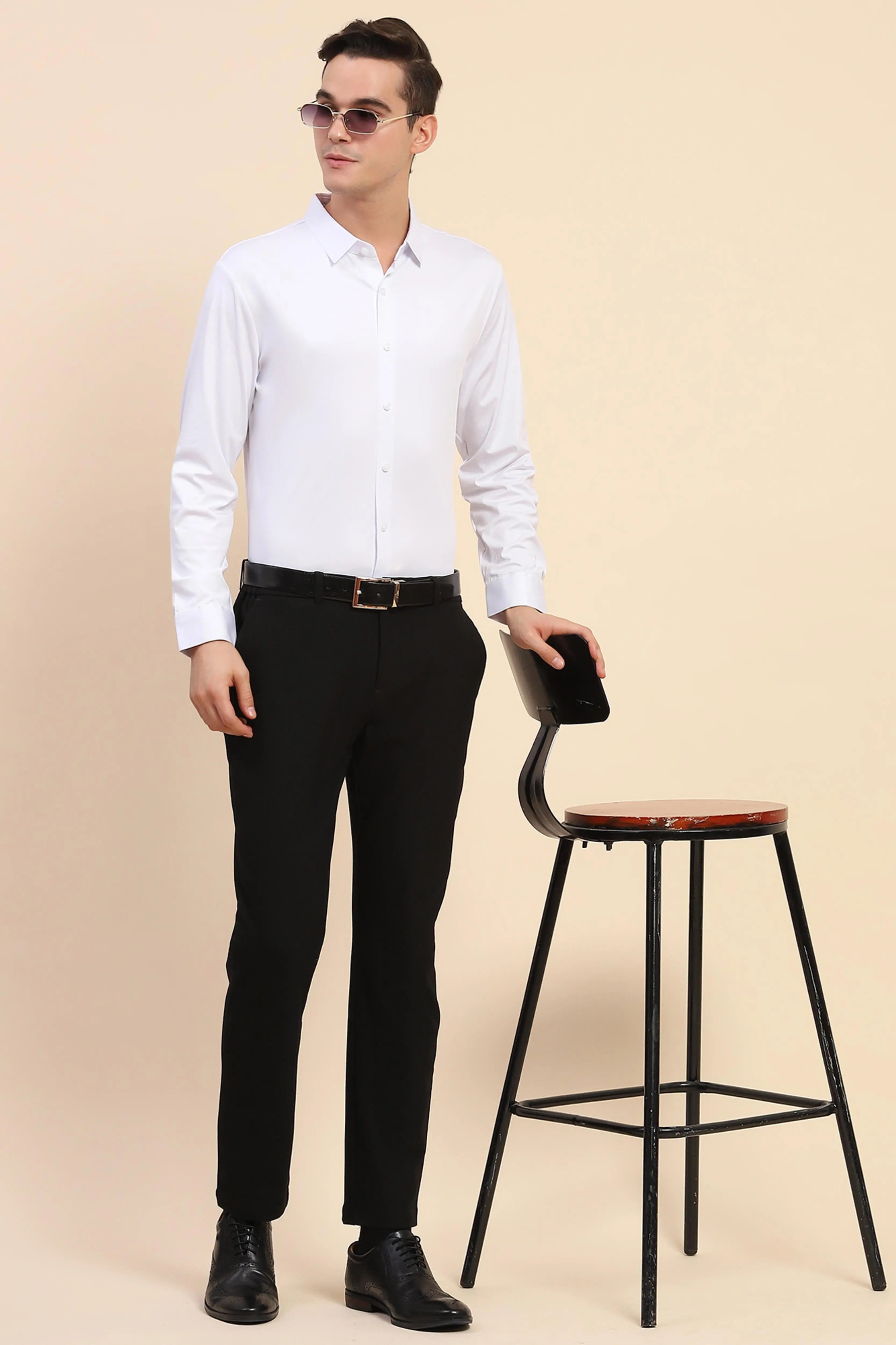 White Nylon Blend Solid Formal Shirt - Global Republic
