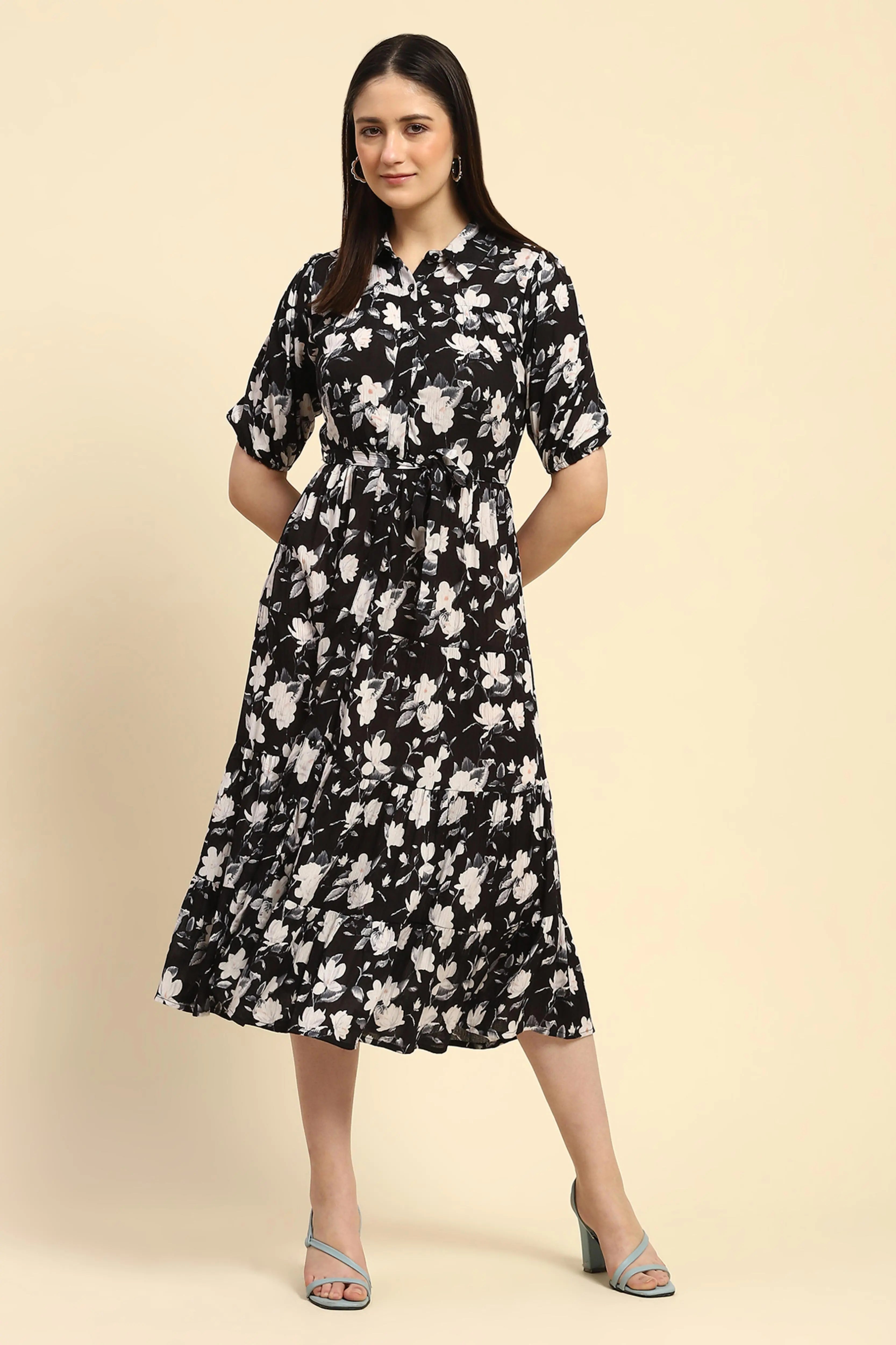 Black Floral Print Rayon Fit & Flare Dress - Global Republic