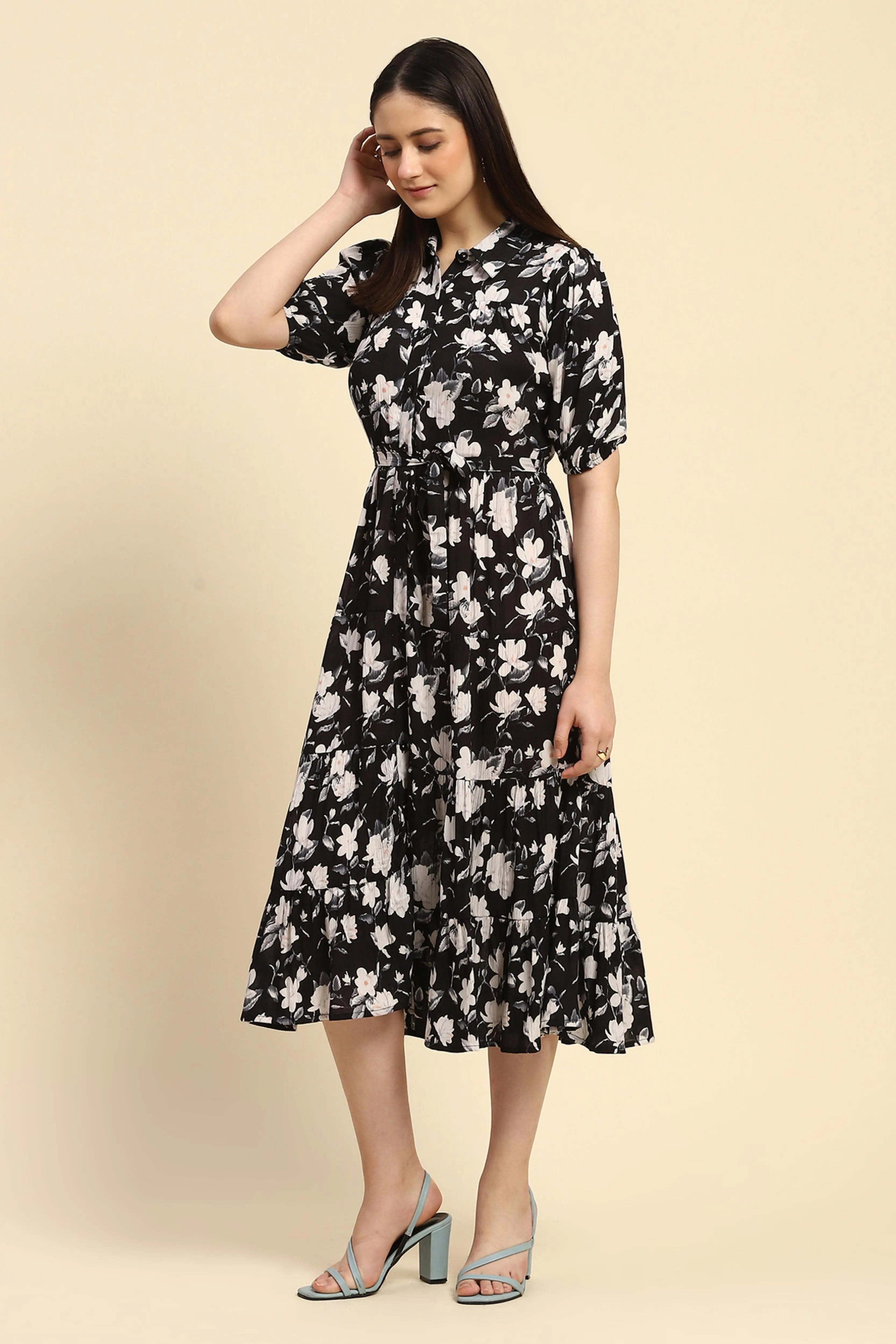 Black Floral Print Rayon Fit & Flare Dress - Global Republic