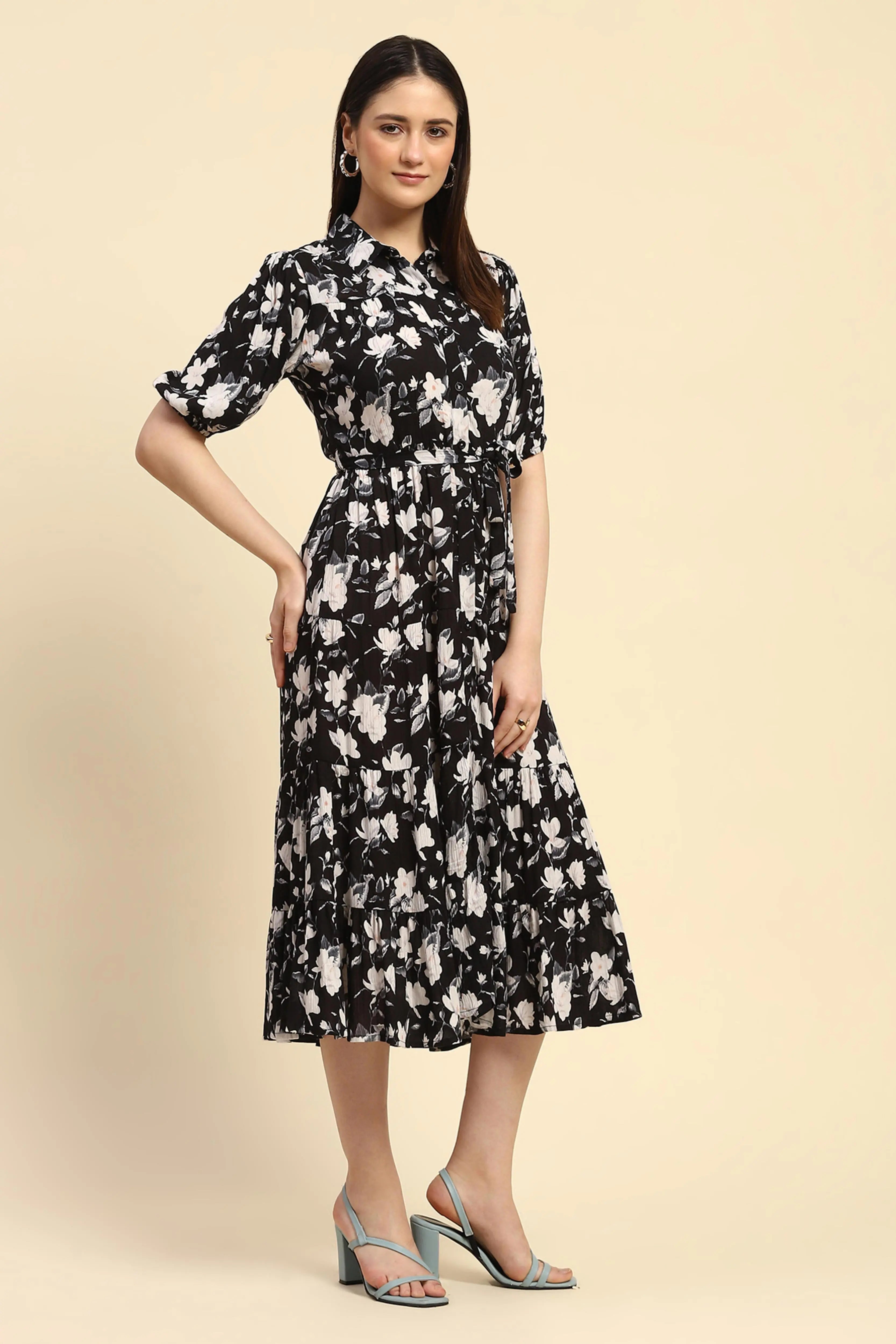 Black Floral Print Rayon Fit & Flare Dress - Global Republic