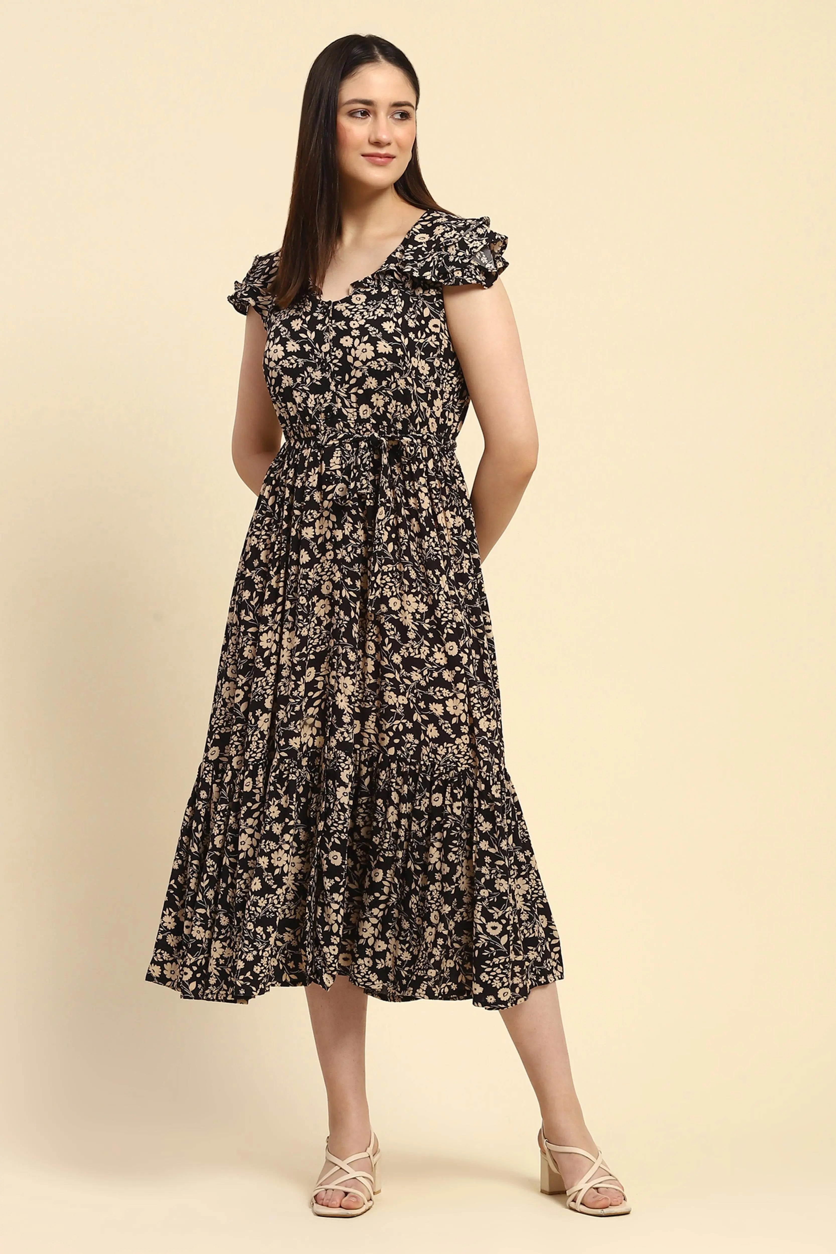 Black Floral Rayon Fit & Flare Dress - Global Republic
