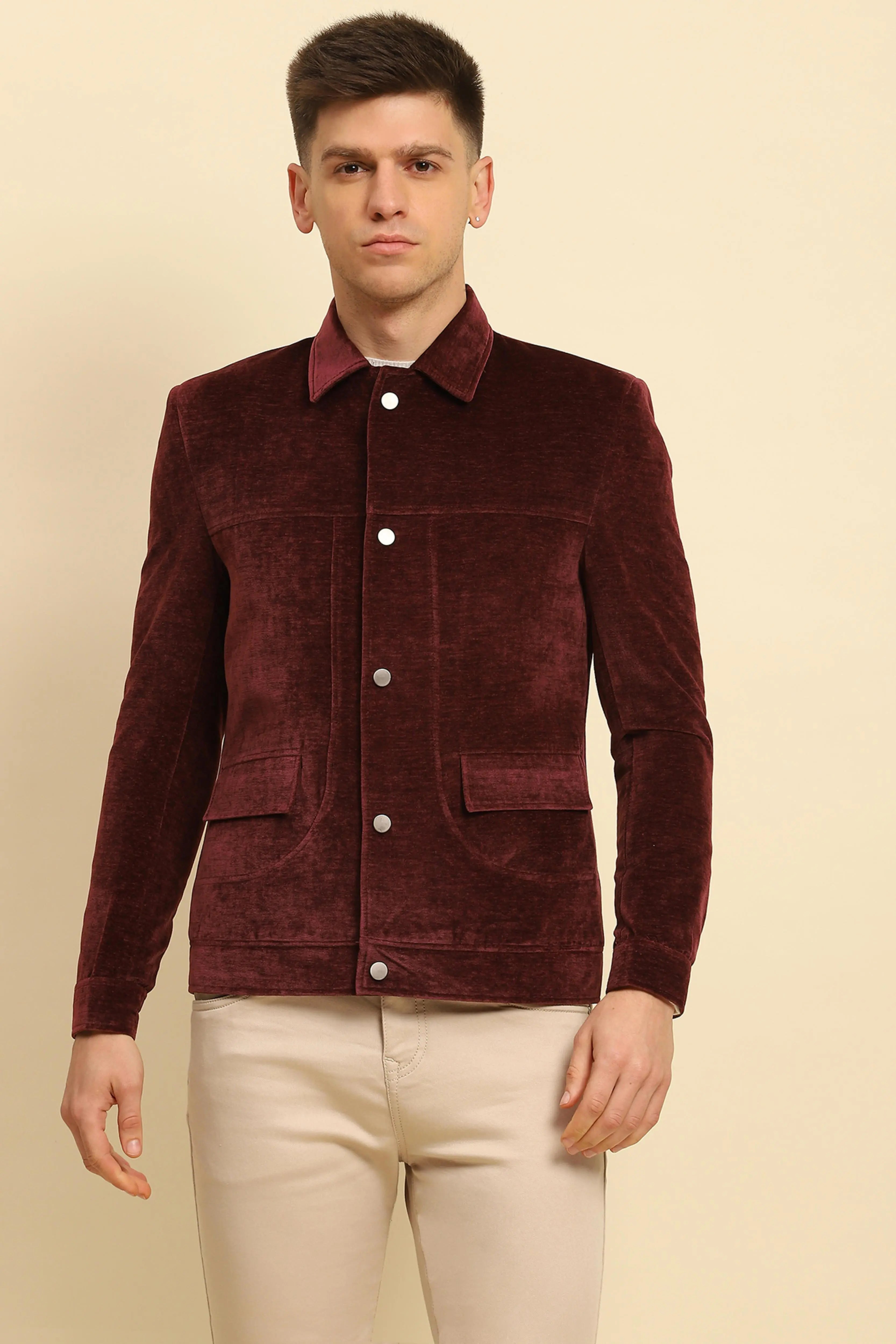 Maroon Velvet Solid Regular Fit Jacket - Global Republic