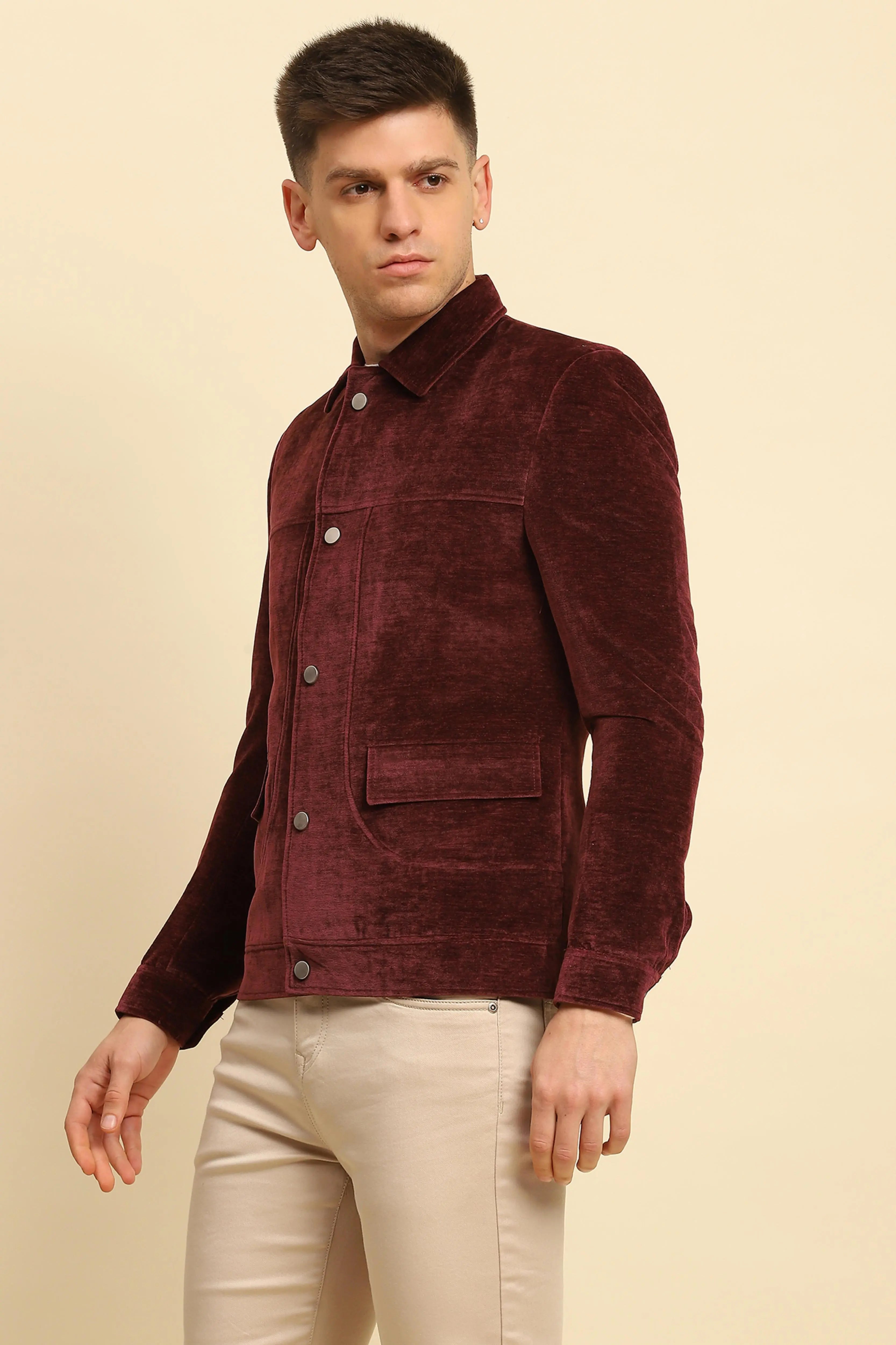 Maroon Velvet Solid Regular Fit Jacket - Global Republic