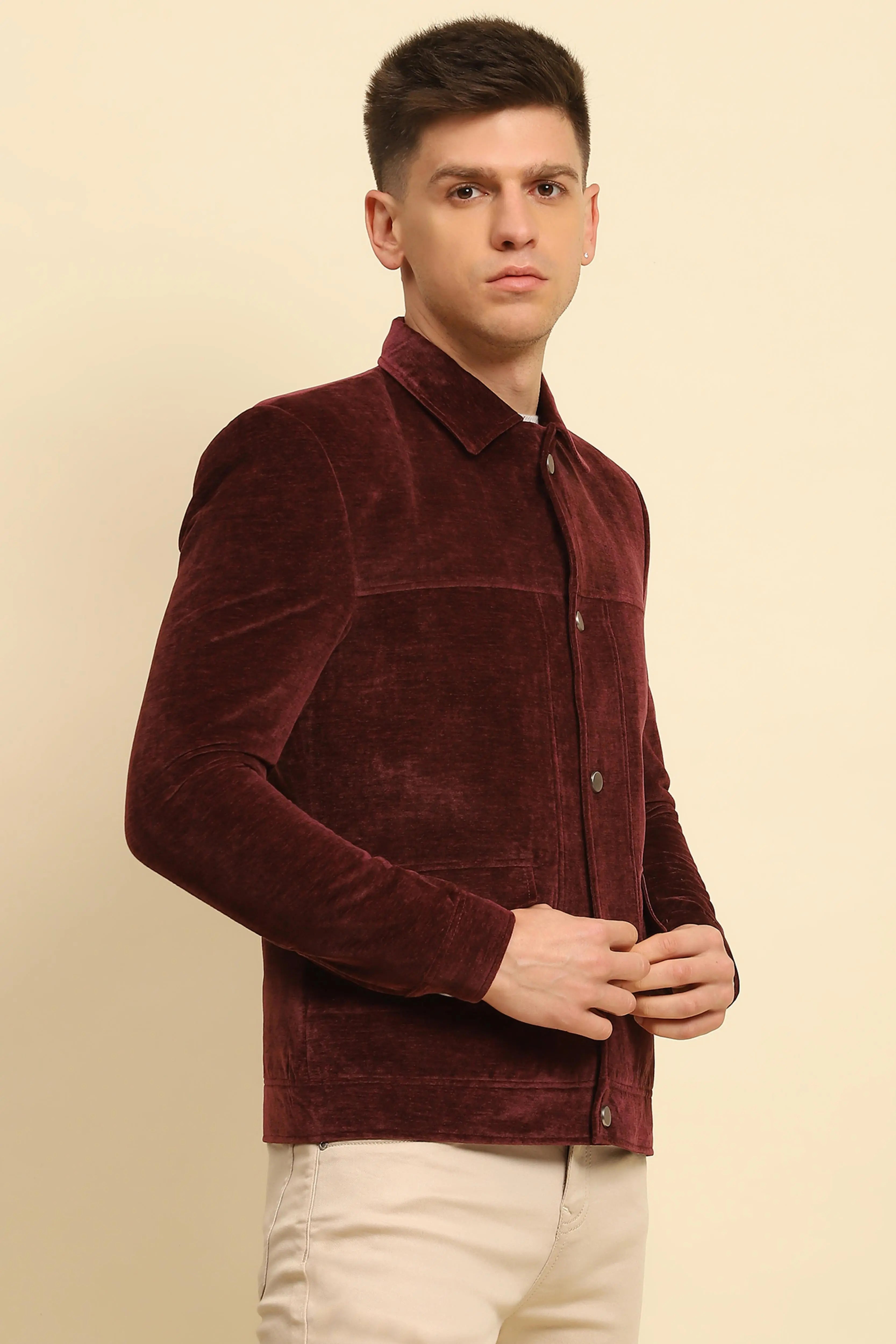 Maroon Velvet Solid Regular Fit Jacket - Global Republic