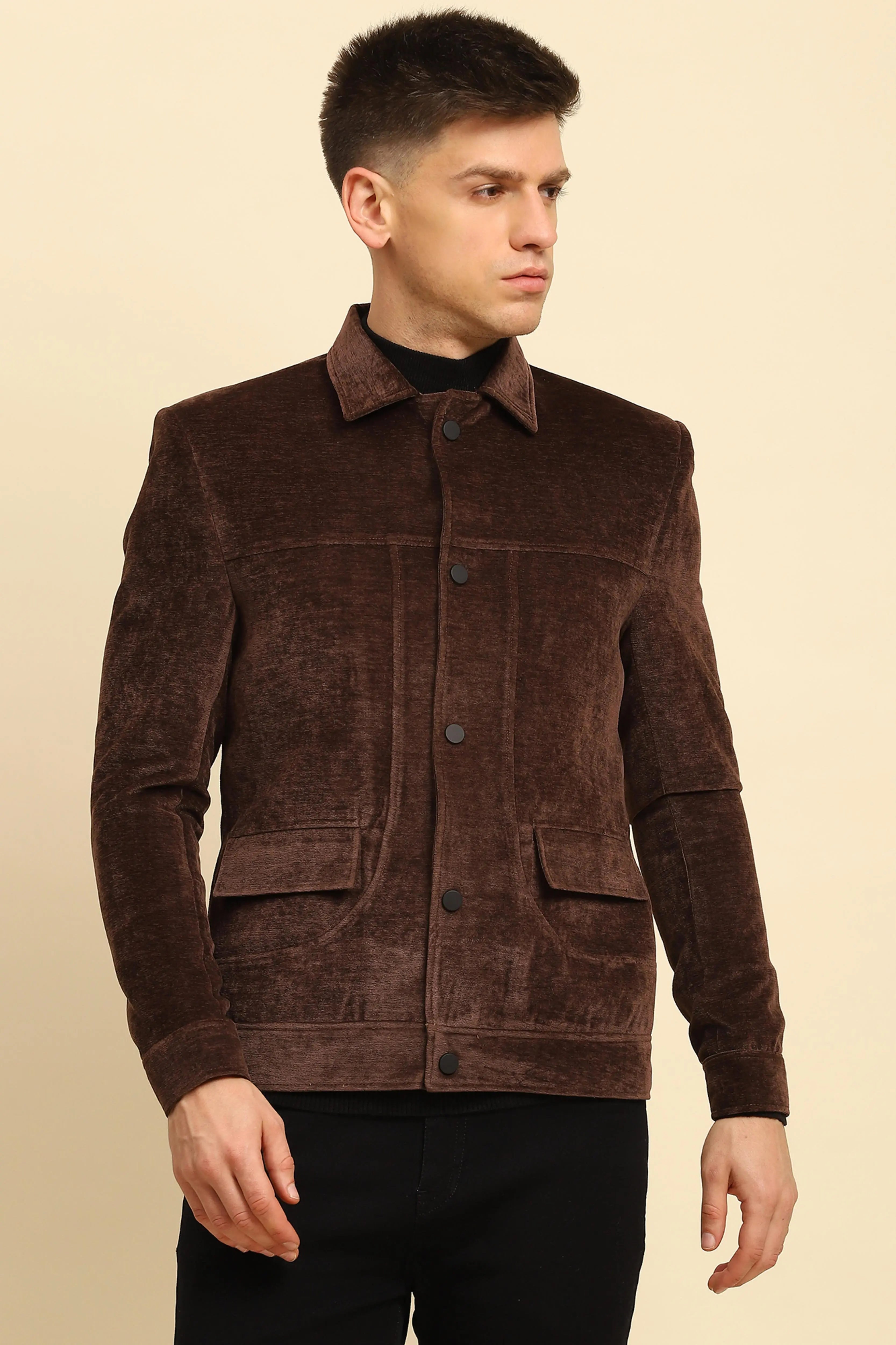 Brown Velvet Solid Jacket - Global Republic